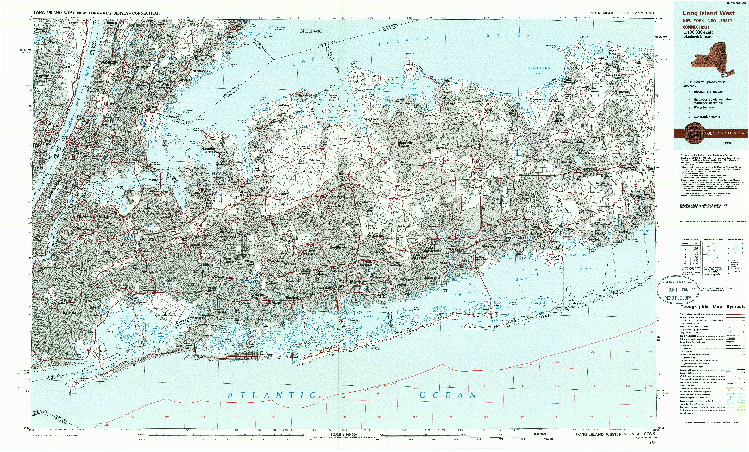 USGS 1:100000-SCALE QUADRANGLE FOR LONG ISLAND WEST, NY 1984
