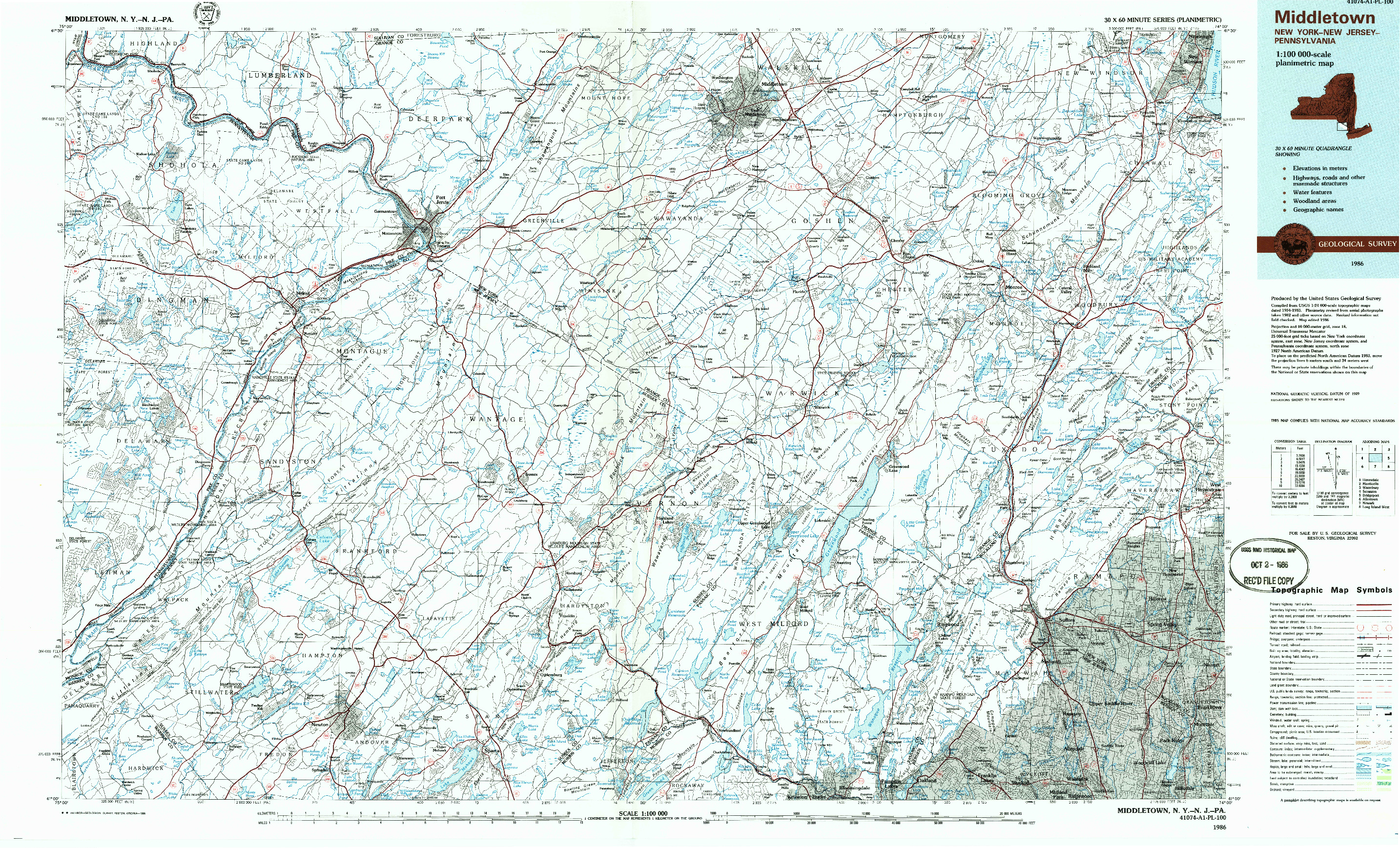 USGS 1:100000-SCALE QUADRANGLE FOR MIDDLETOWN, NY 1986
