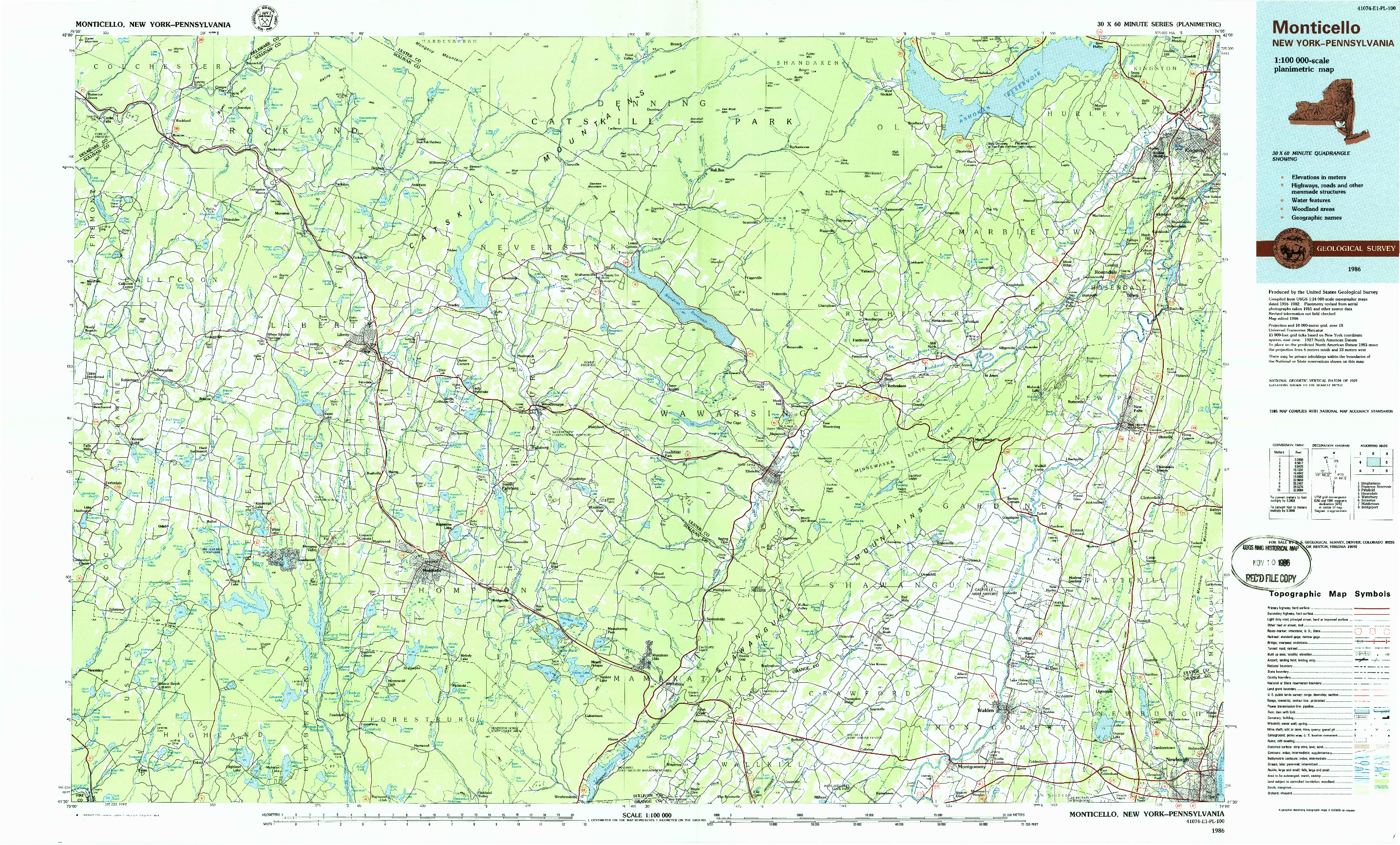 USGS 1:100000-SCALE QUADRANGLE FOR MONTICELLO, NY 1986