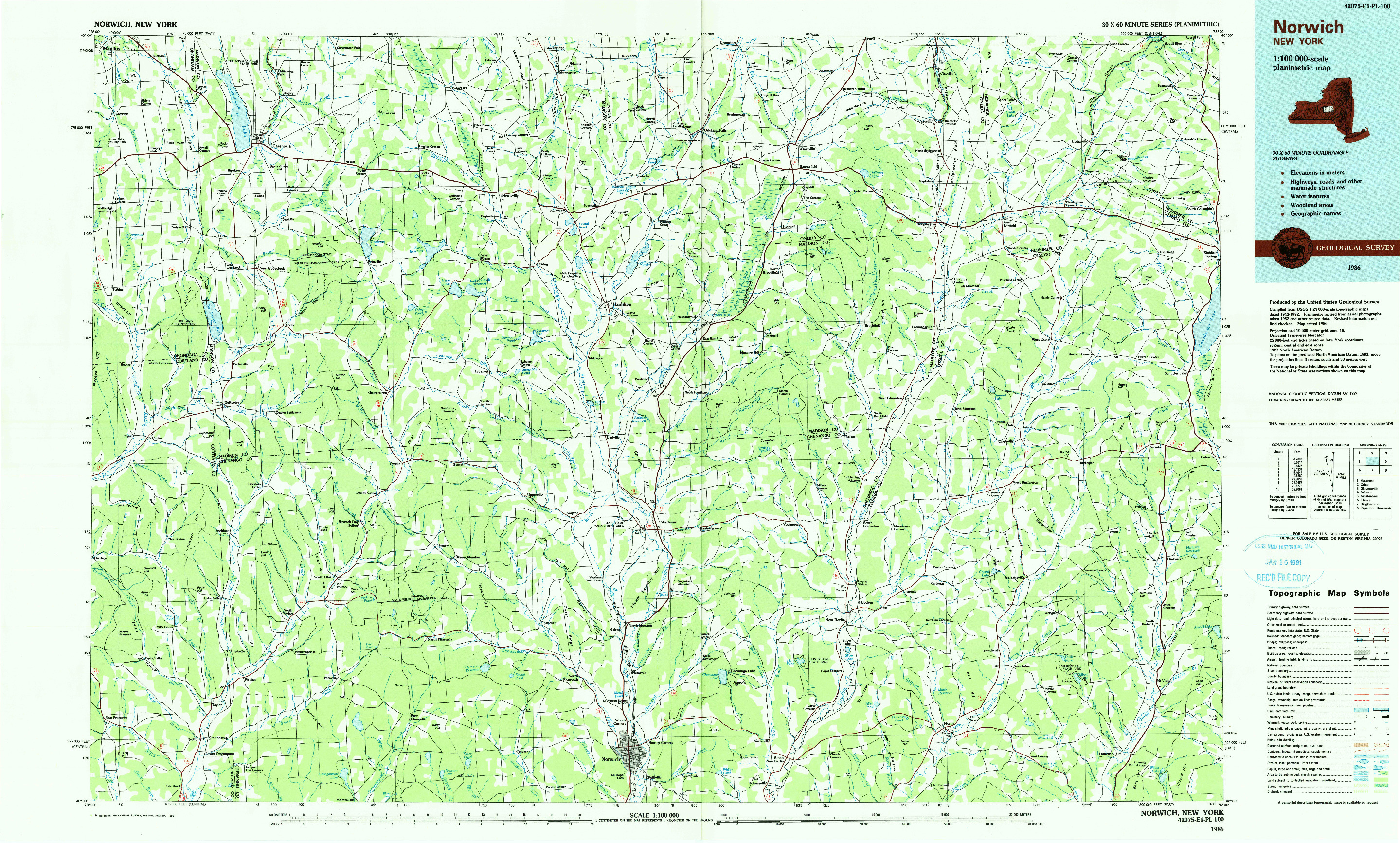 USGS 1:100000-SCALE QUADRANGLE FOR NORWICH, NY 1986