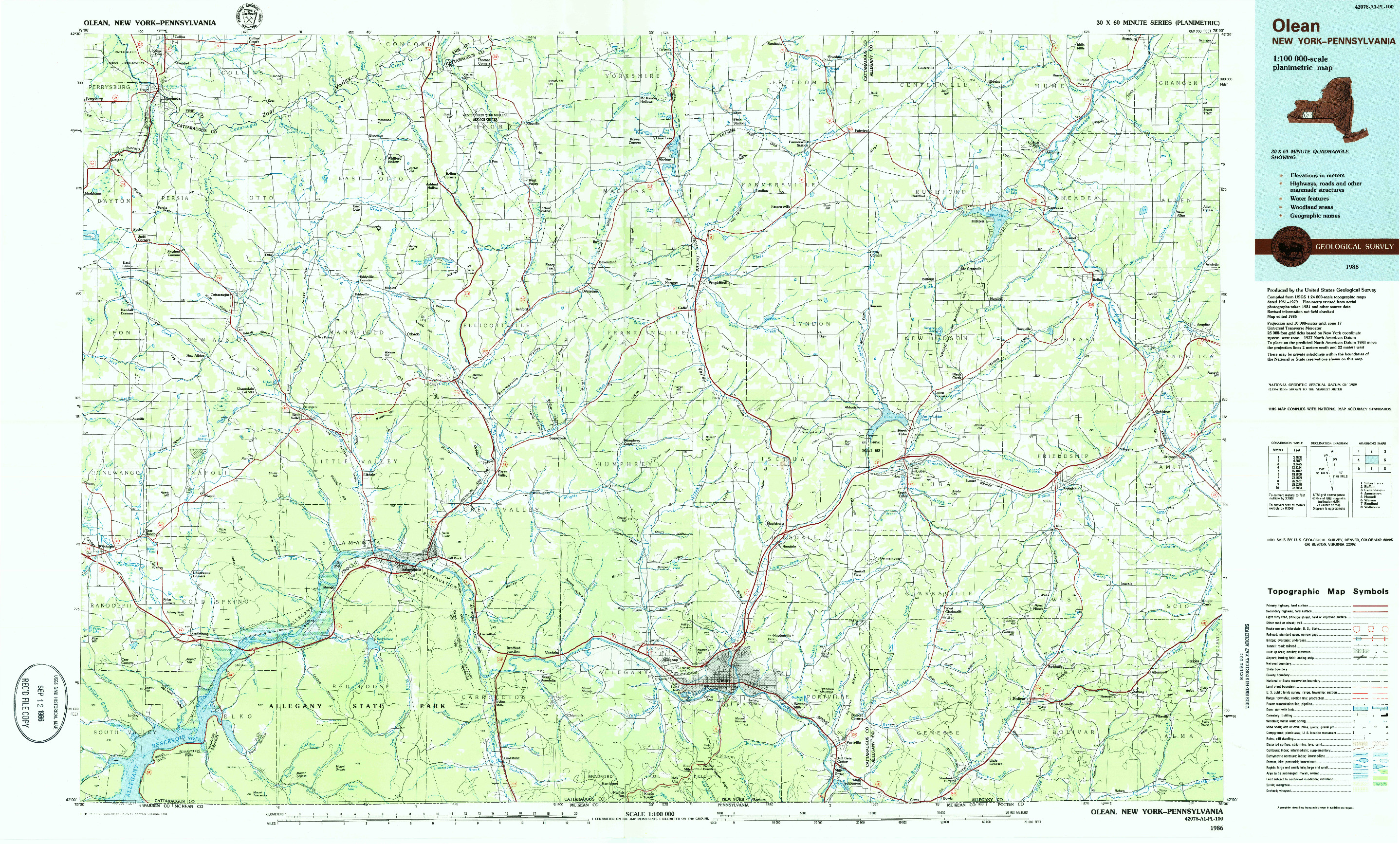 USGS 1:100000-SCALE QUADRANGLE FOR OLEAN, NY 1986