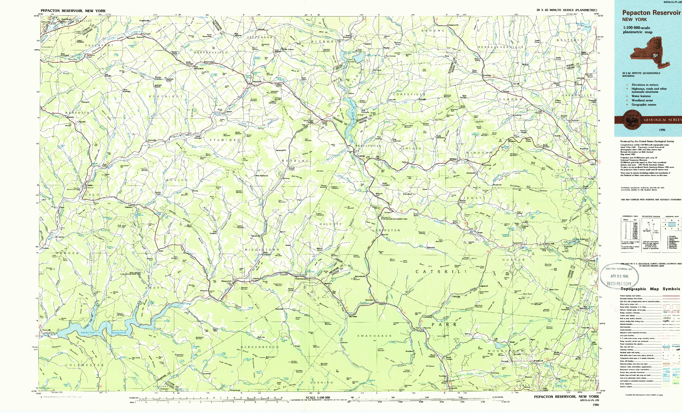 USGS 1:100000-SCALE QUADRANGLE FOR PEPACTON RESERVOIR, NY 1986