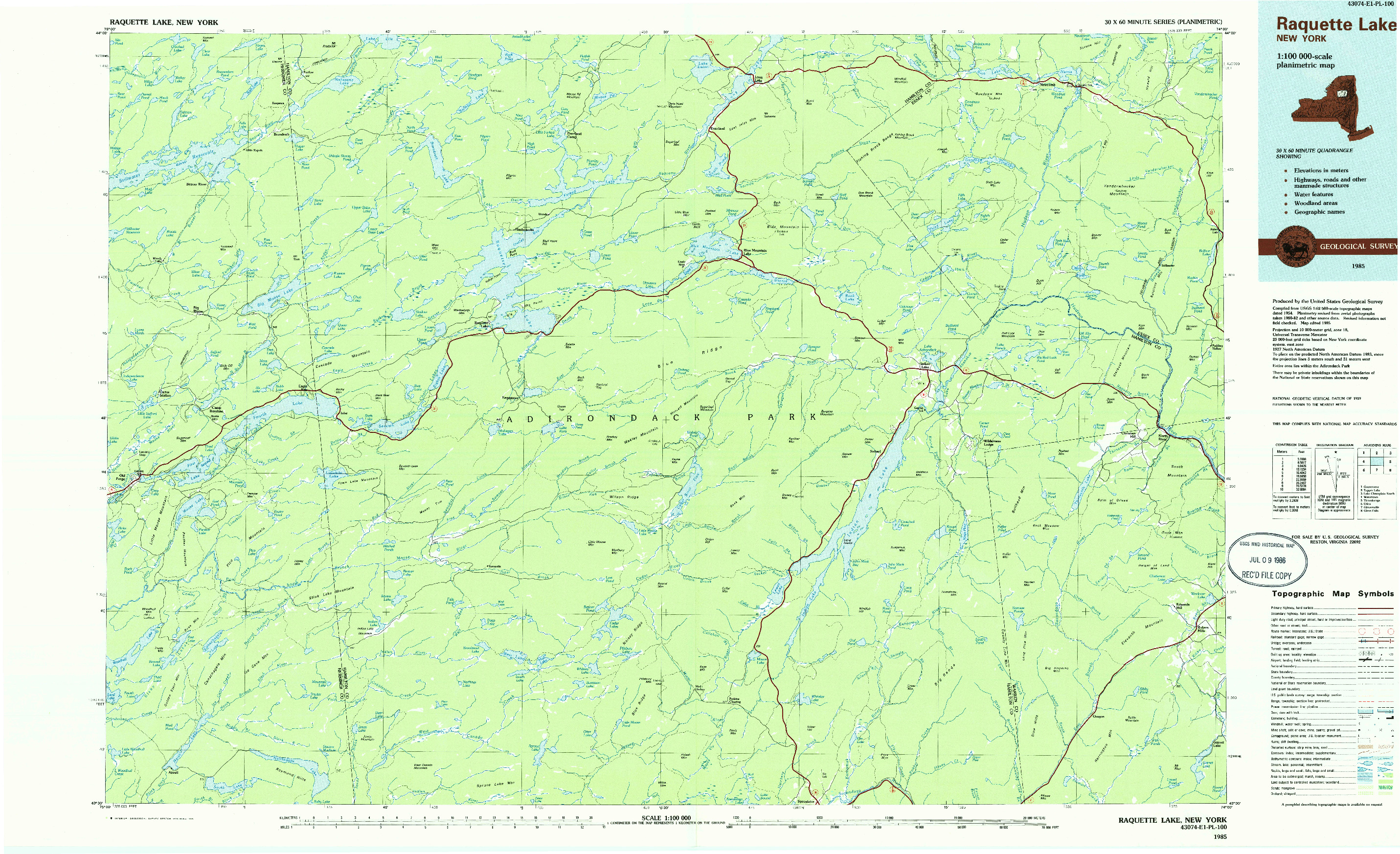 USGS 1:100000-SCALE QUADRANGLE FOR RAQUETTE LAKE, NY 1985