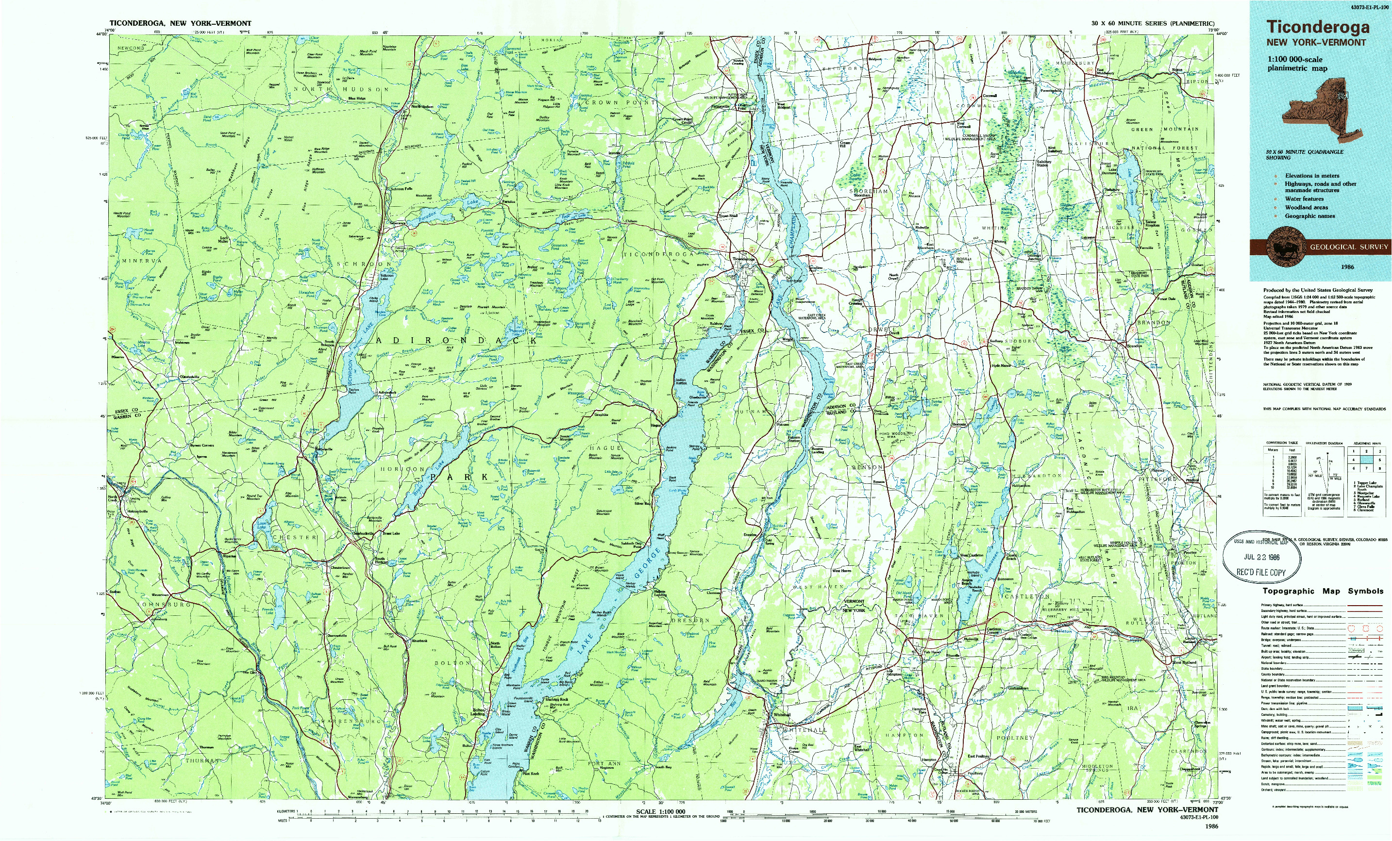 USGS 1:100000-SCALE QUADRANGLE FOR TICONDEROGA, NY 1986
