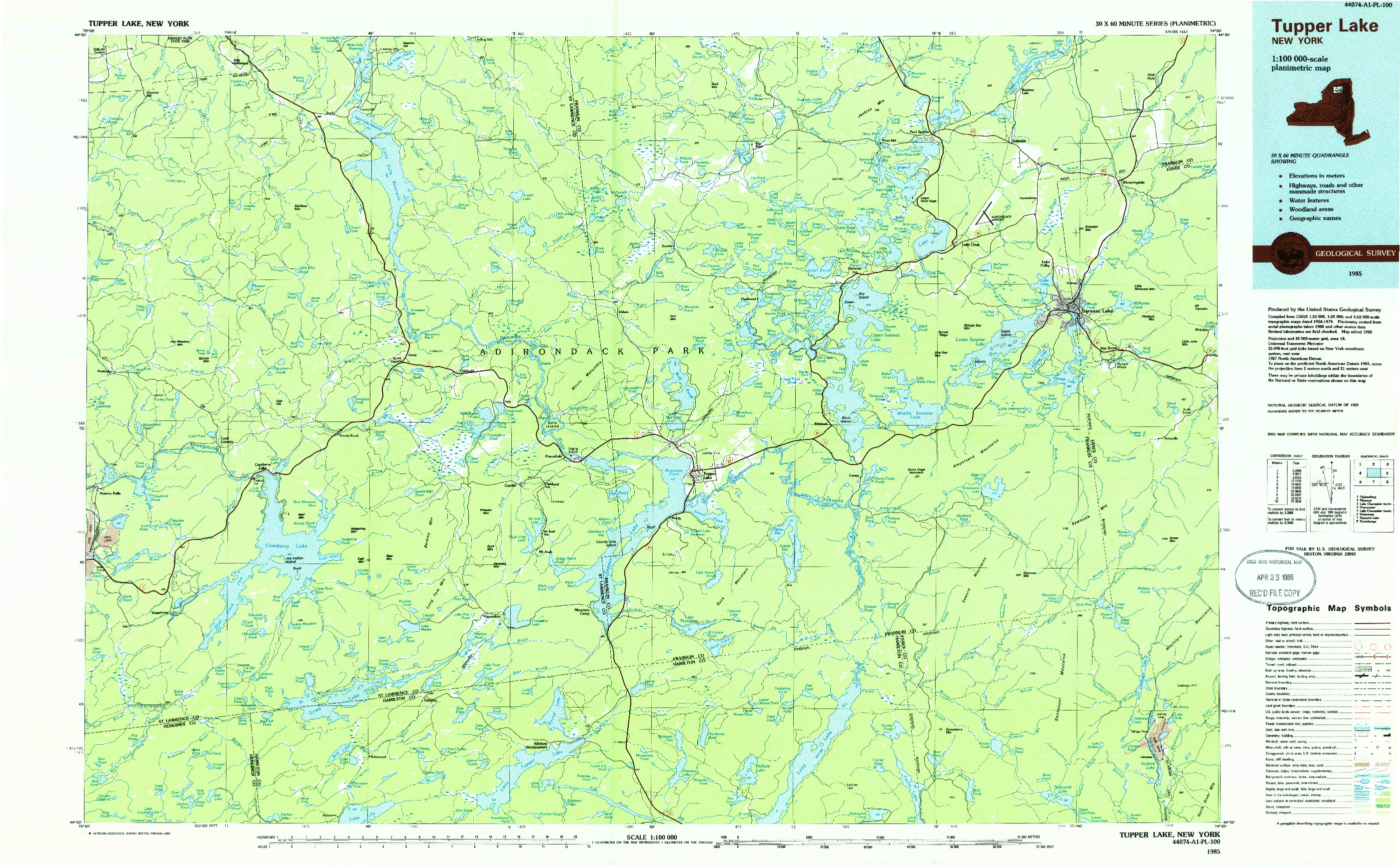 USGS 1:100000-SCALE QUADRANGLE FOR TUPPER LAKE, NY 1985