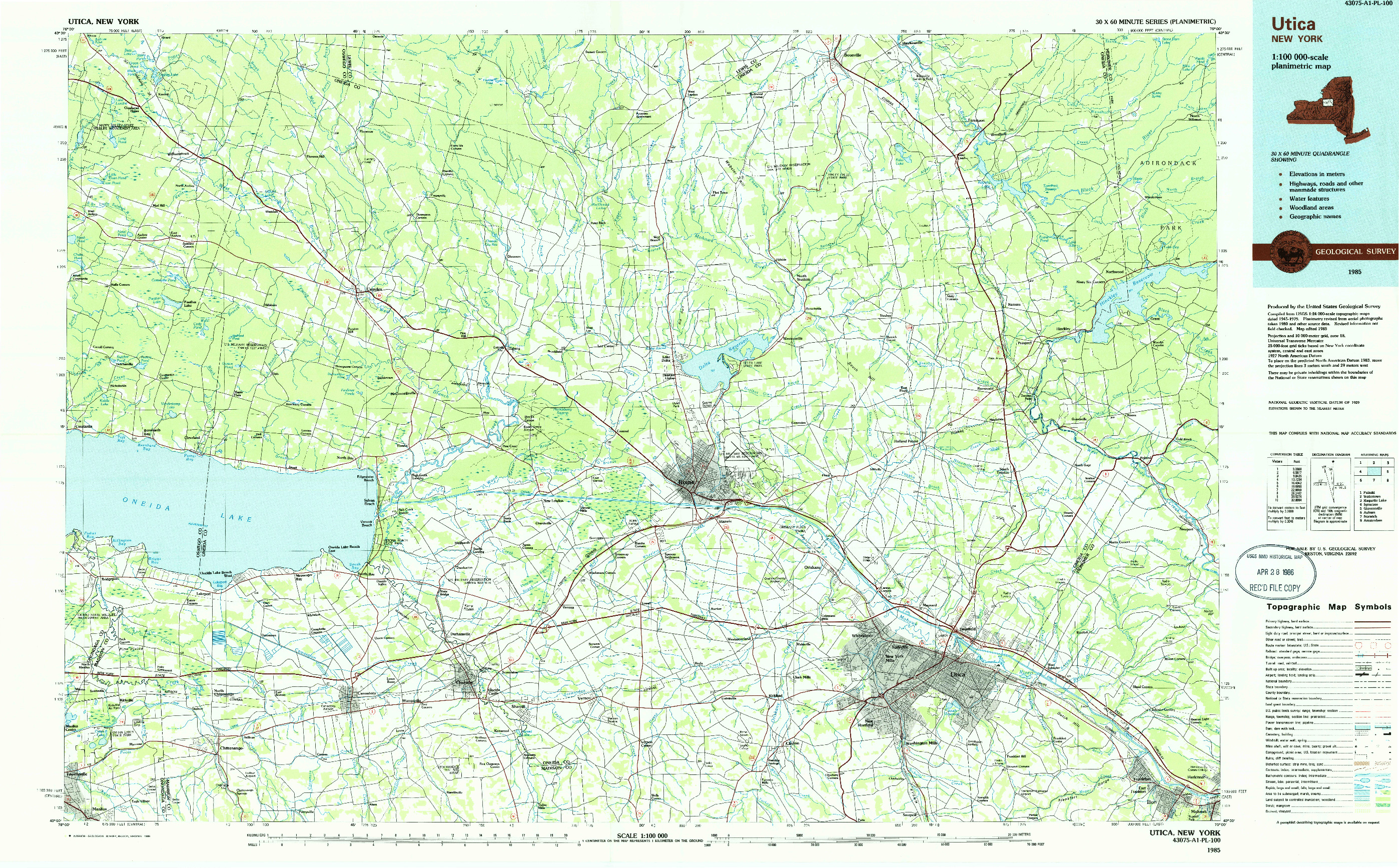 USGS 1:100000-SCALE QUADRANGLE FOR UTICA, NY 1985