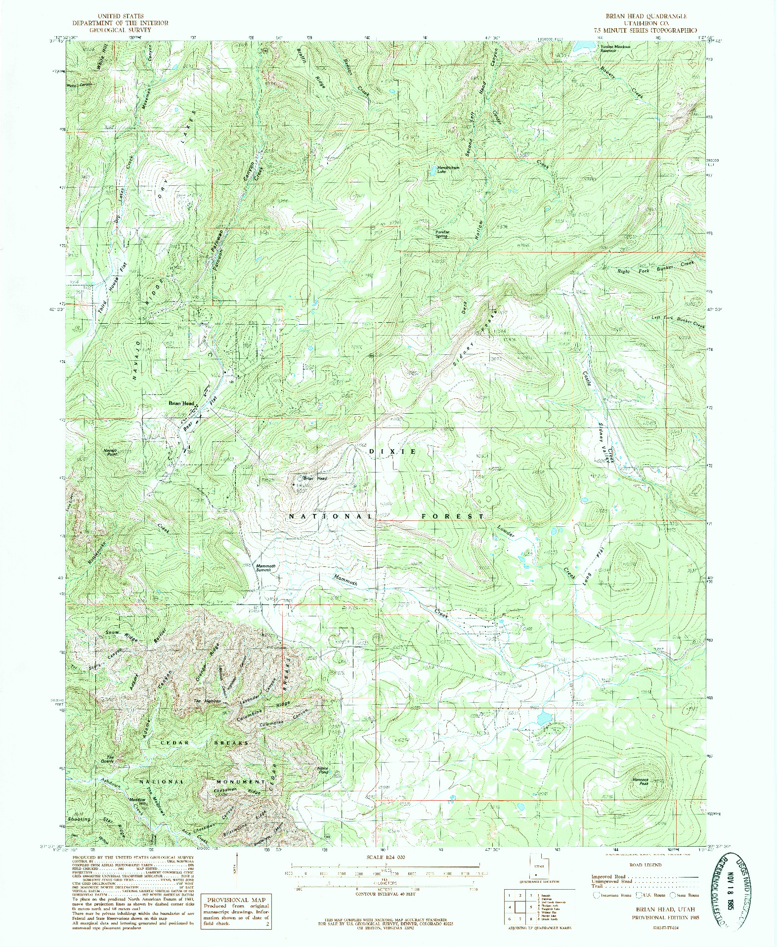 USGS 1:24000-SCALE QUADRANGLE FOR BRIAN HEAD, UT 1985