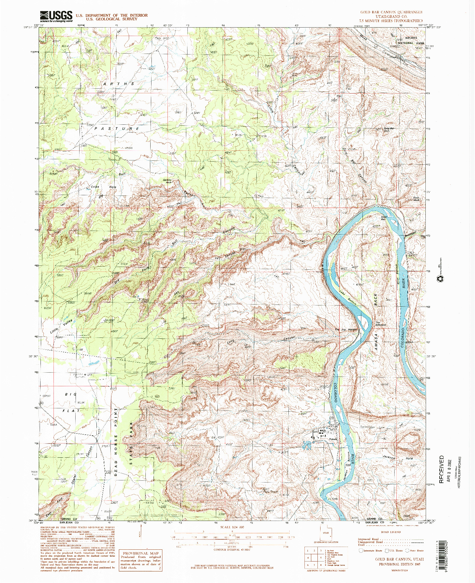 USGS 1:24000-SCALE QUADRANGLE FOR GOLD BAR CANYON, UT 1985