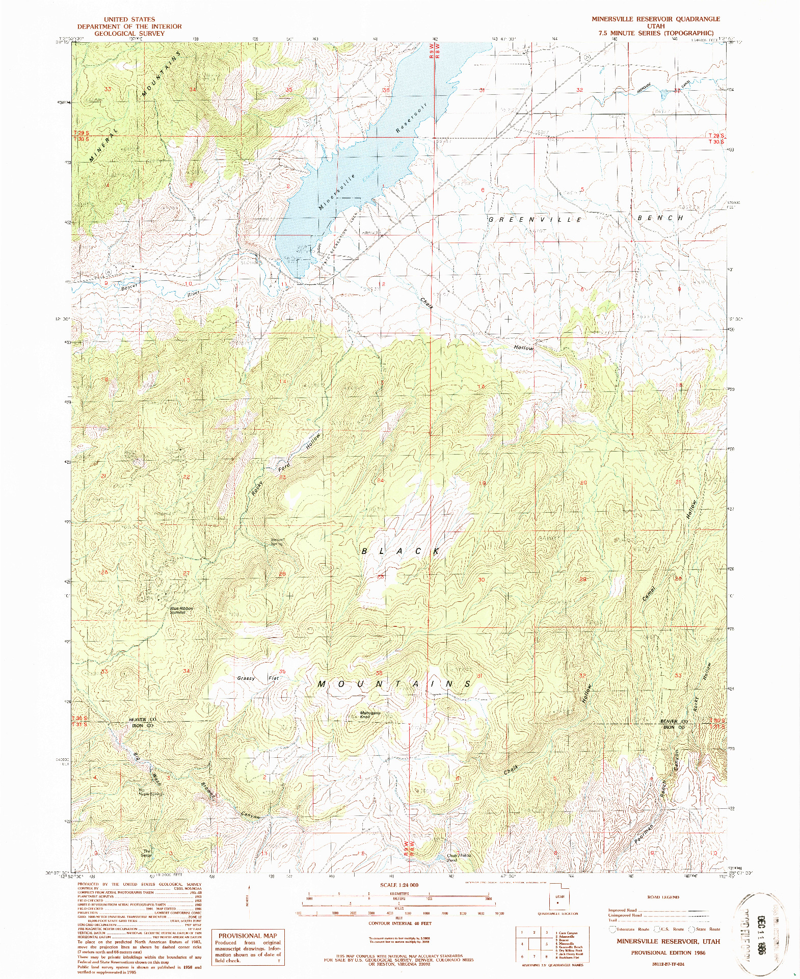 USGS 1:24000-SCALE QUADRANGLE FOR MINERSVILLE RESERVOIR, UT 1986