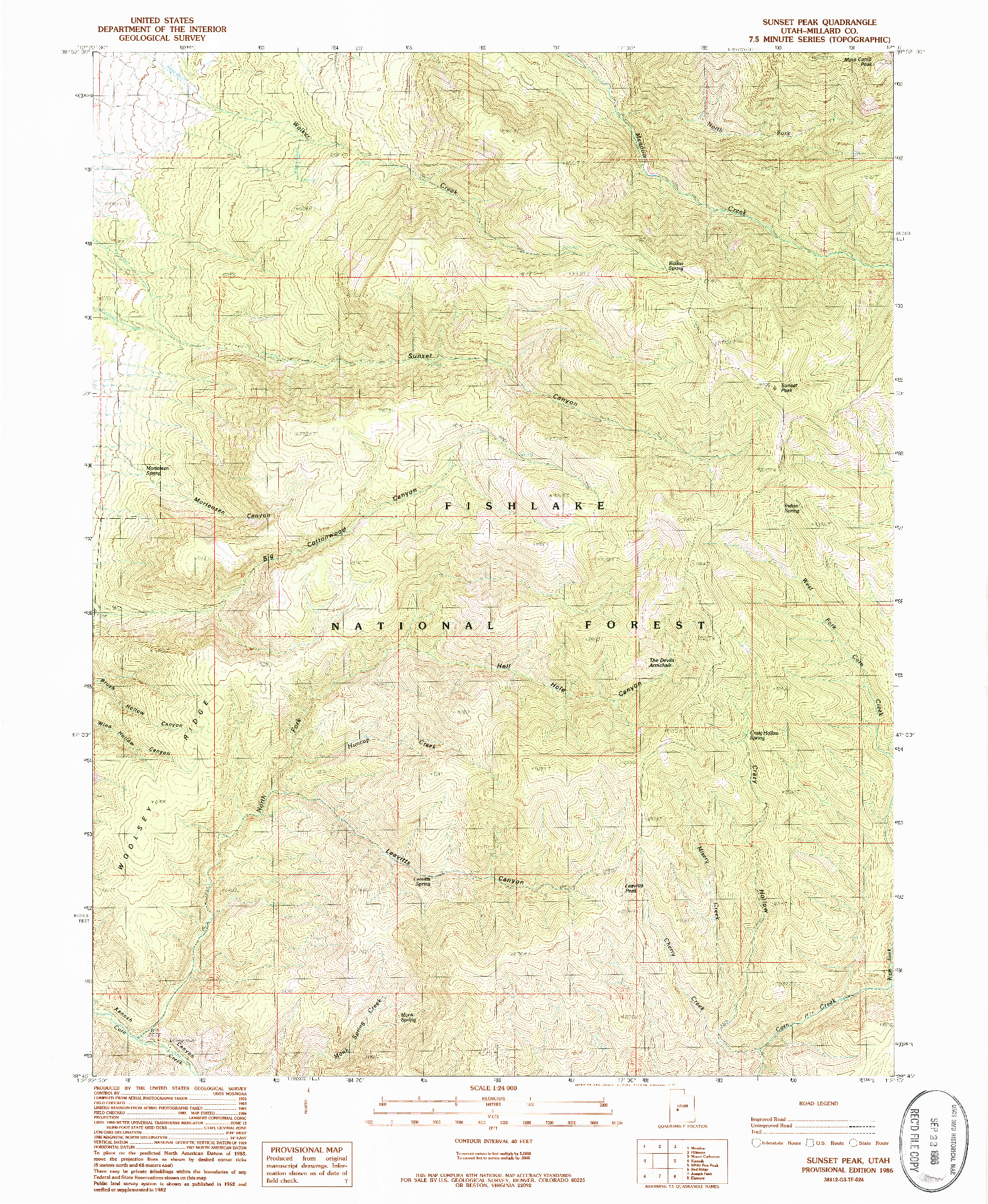 USGS 1:24000-SCALE QUADRANGLE FOR SUNSET PEAK, UT 1986