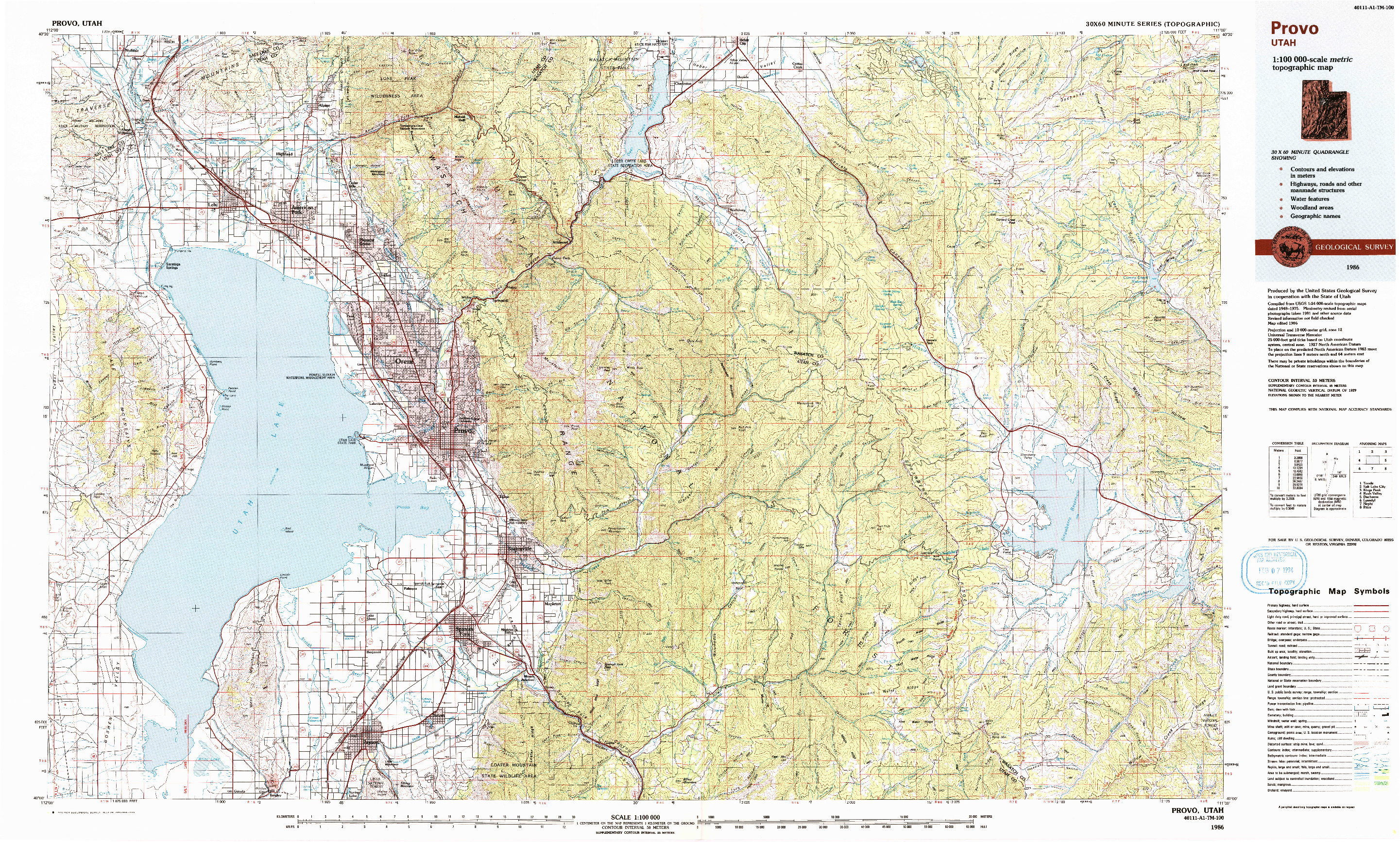 USGS 1:100000-SCALE QUADRANGLE FOR PROVO, UT 1986