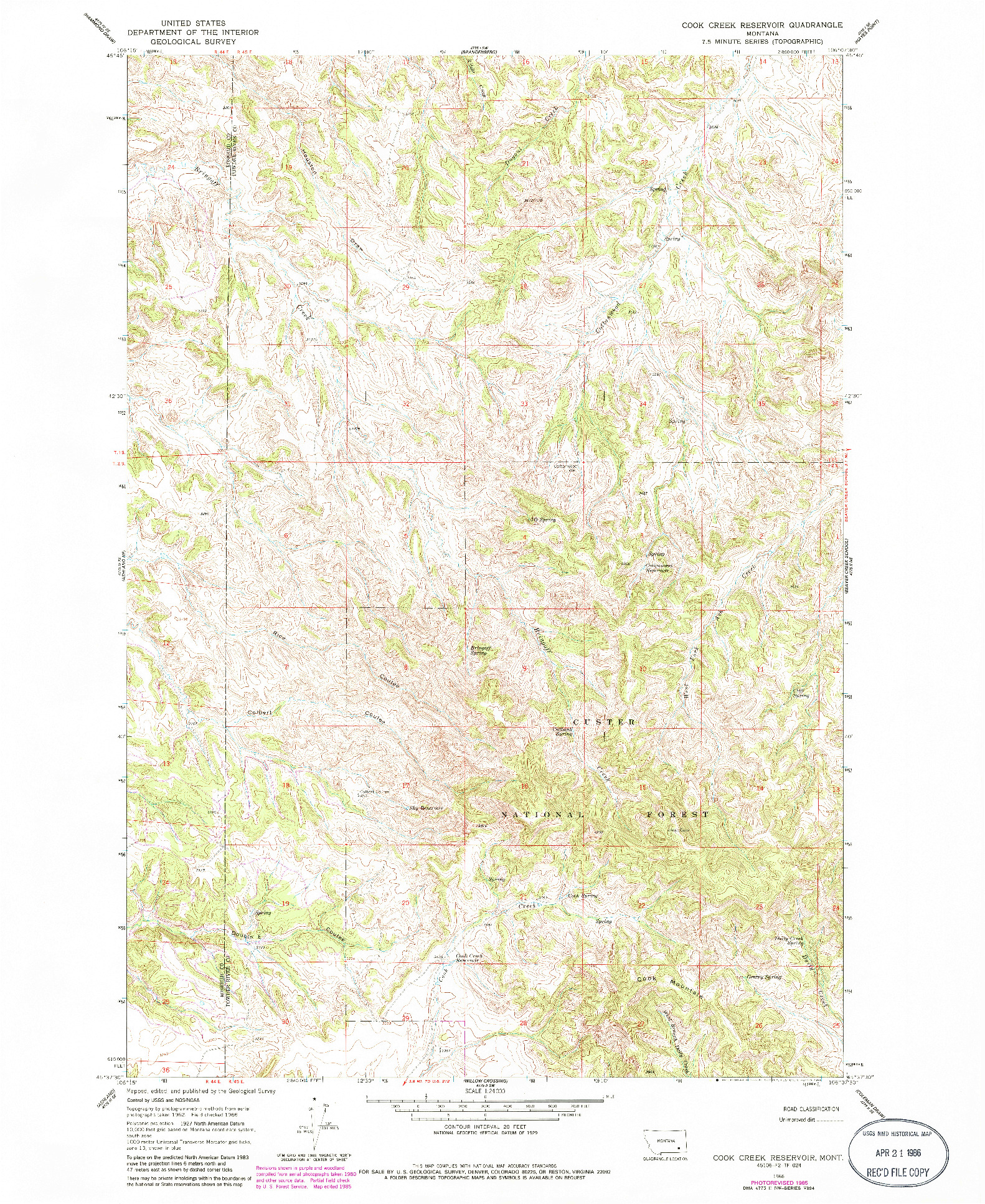 USGS 1:24000-SCALE QUADRANGLE FOR COOK CREEK RESERVOIR, MT 1966