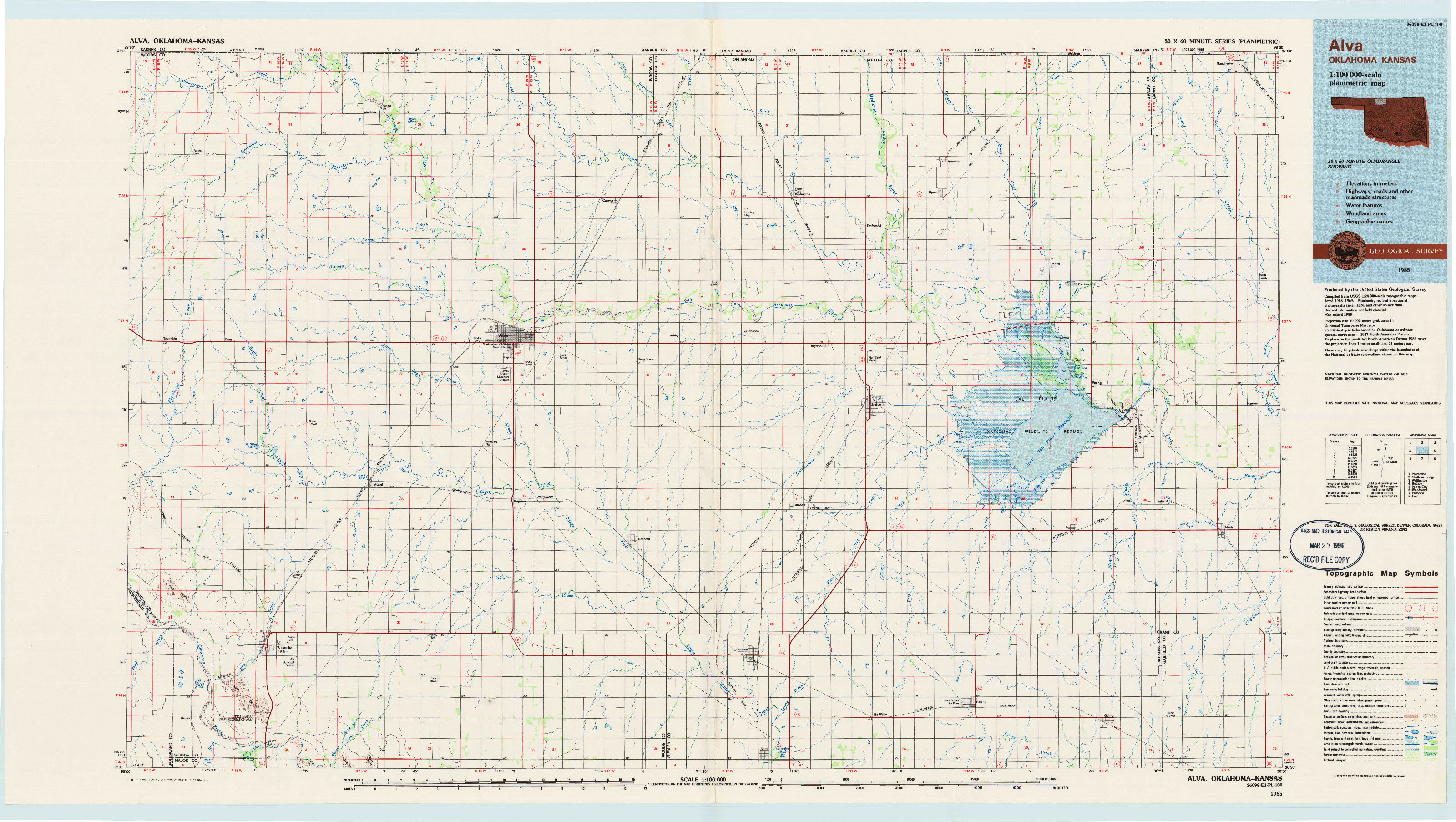 USGS 1:100000-SCALE QUADRANGLE FOR ALVA, OK 1985