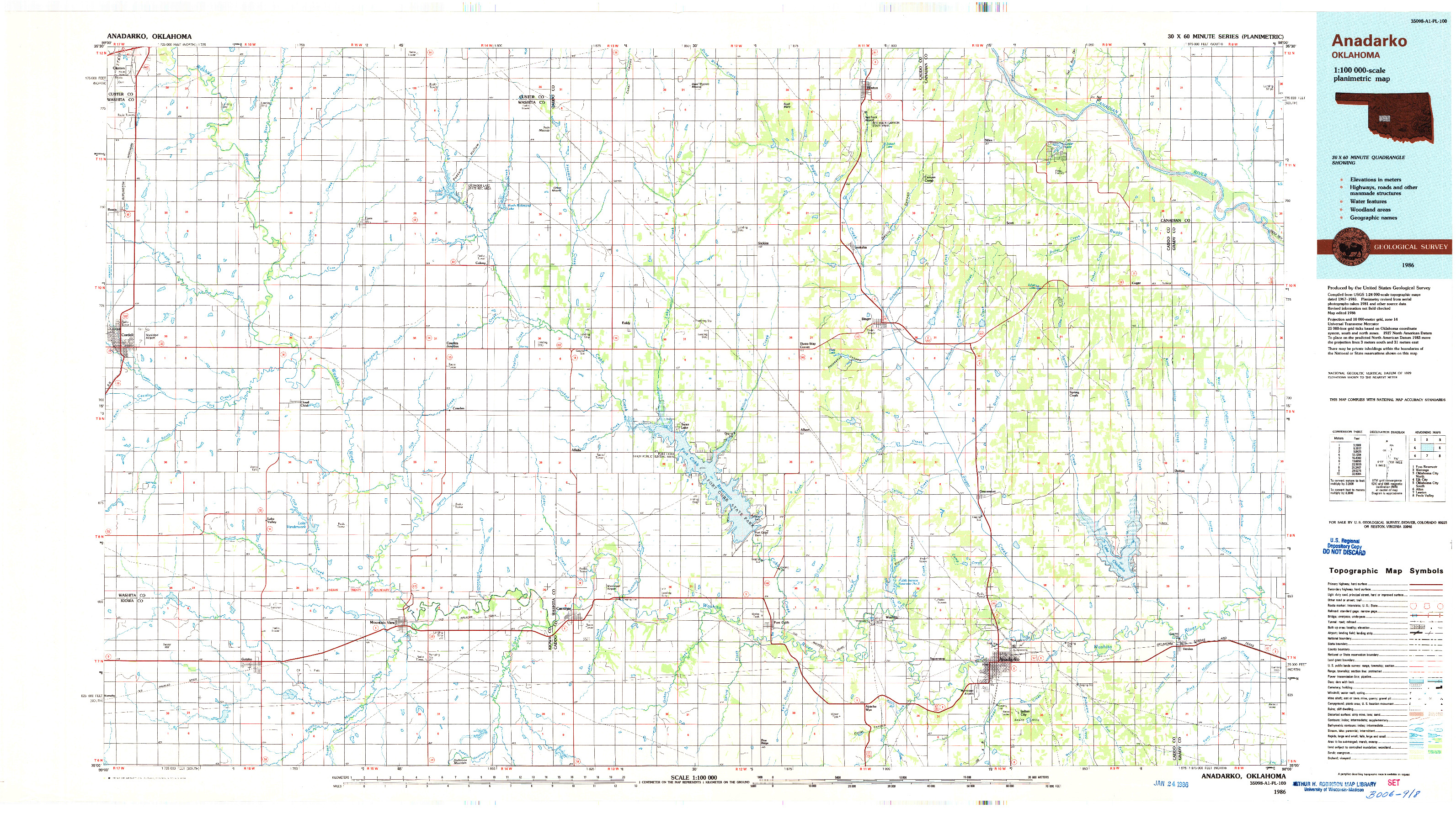 USGS 1:100000-SCALE QUADRANGLE FOR ANADARKO, OK 1986