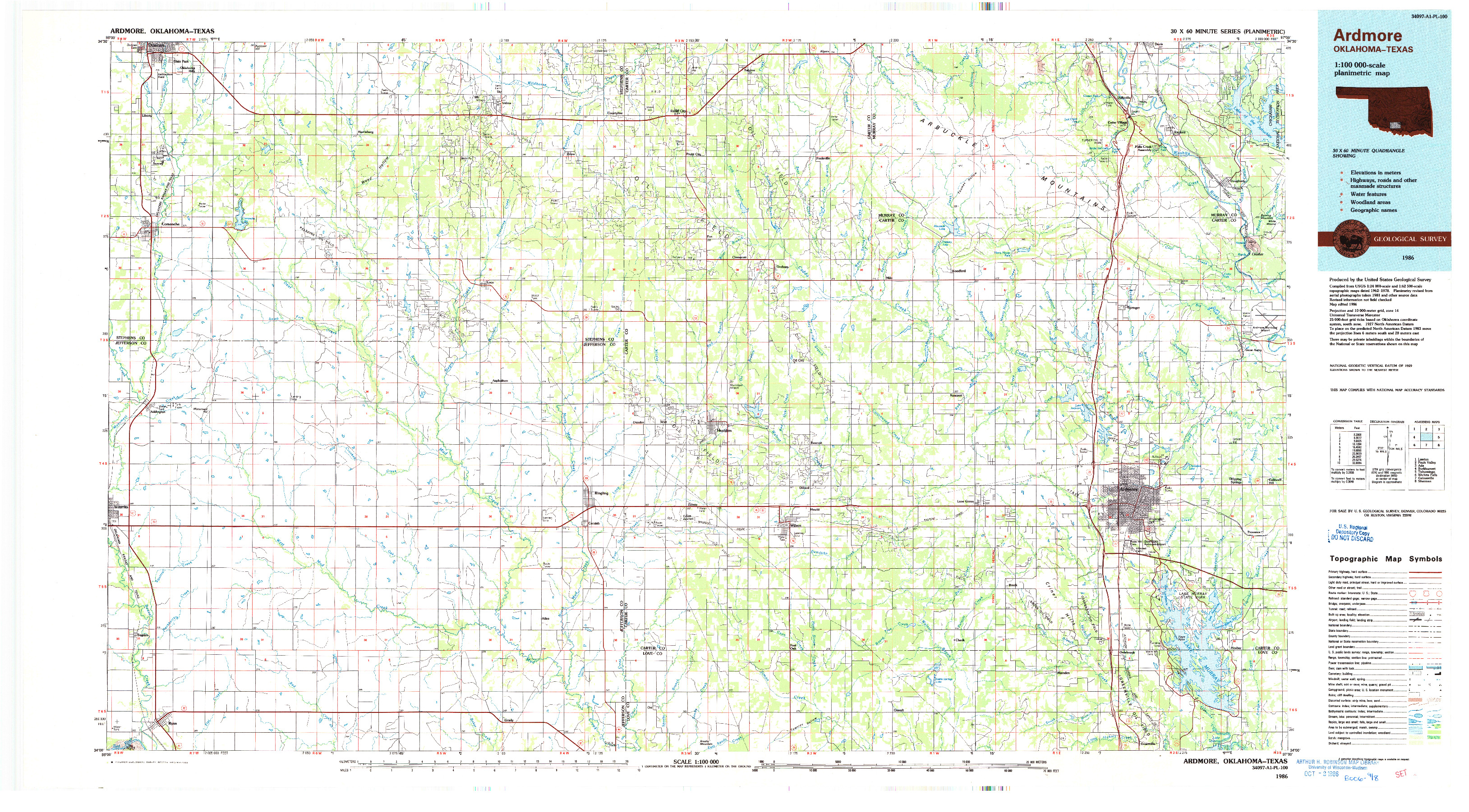 USGS 1:100000-SCALE QUADRANGLE FOR ARDMORE, OK 1986