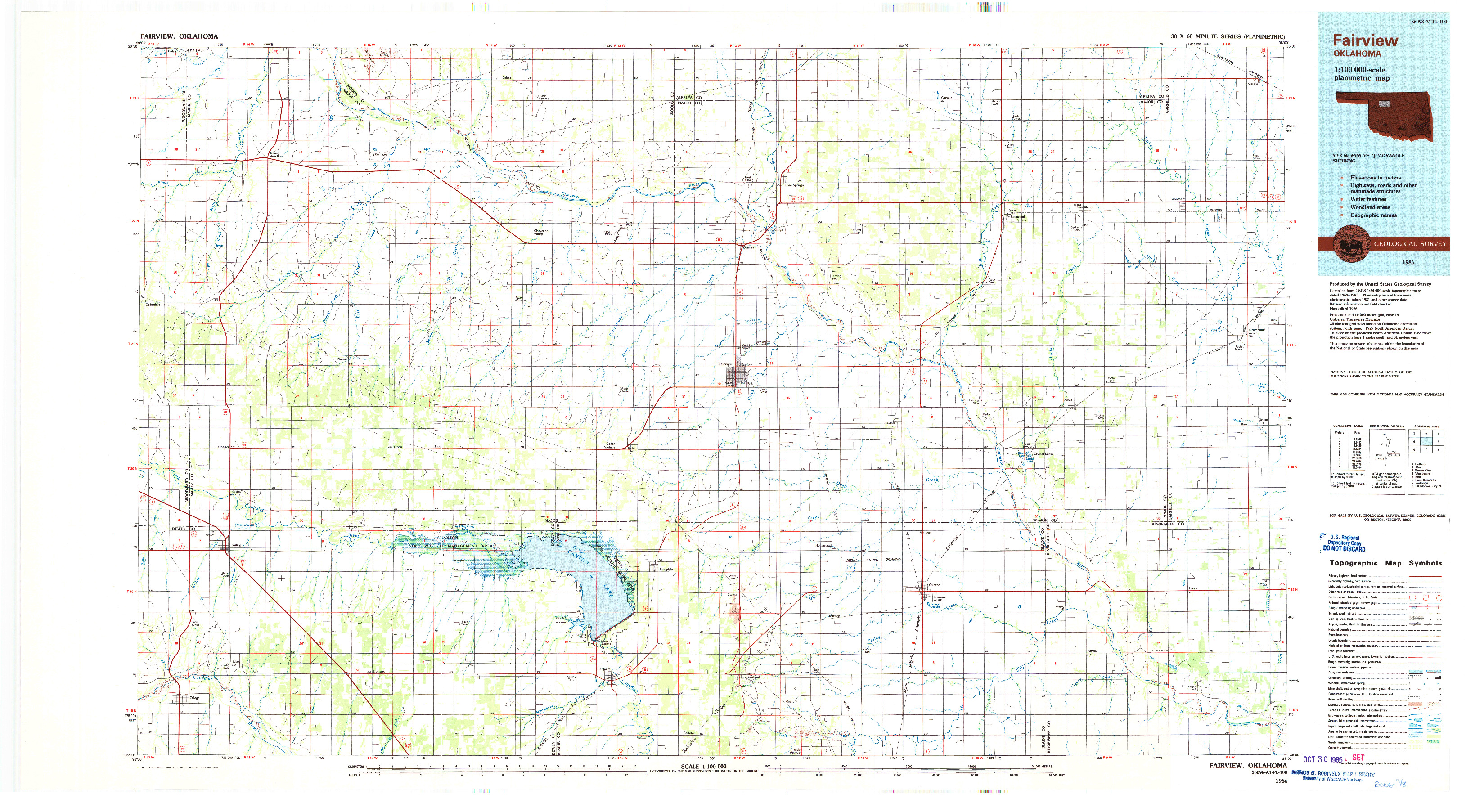 USGS 1:100000-SCALE QUADRANGLE FOR FAIRVIEW, OK 1986