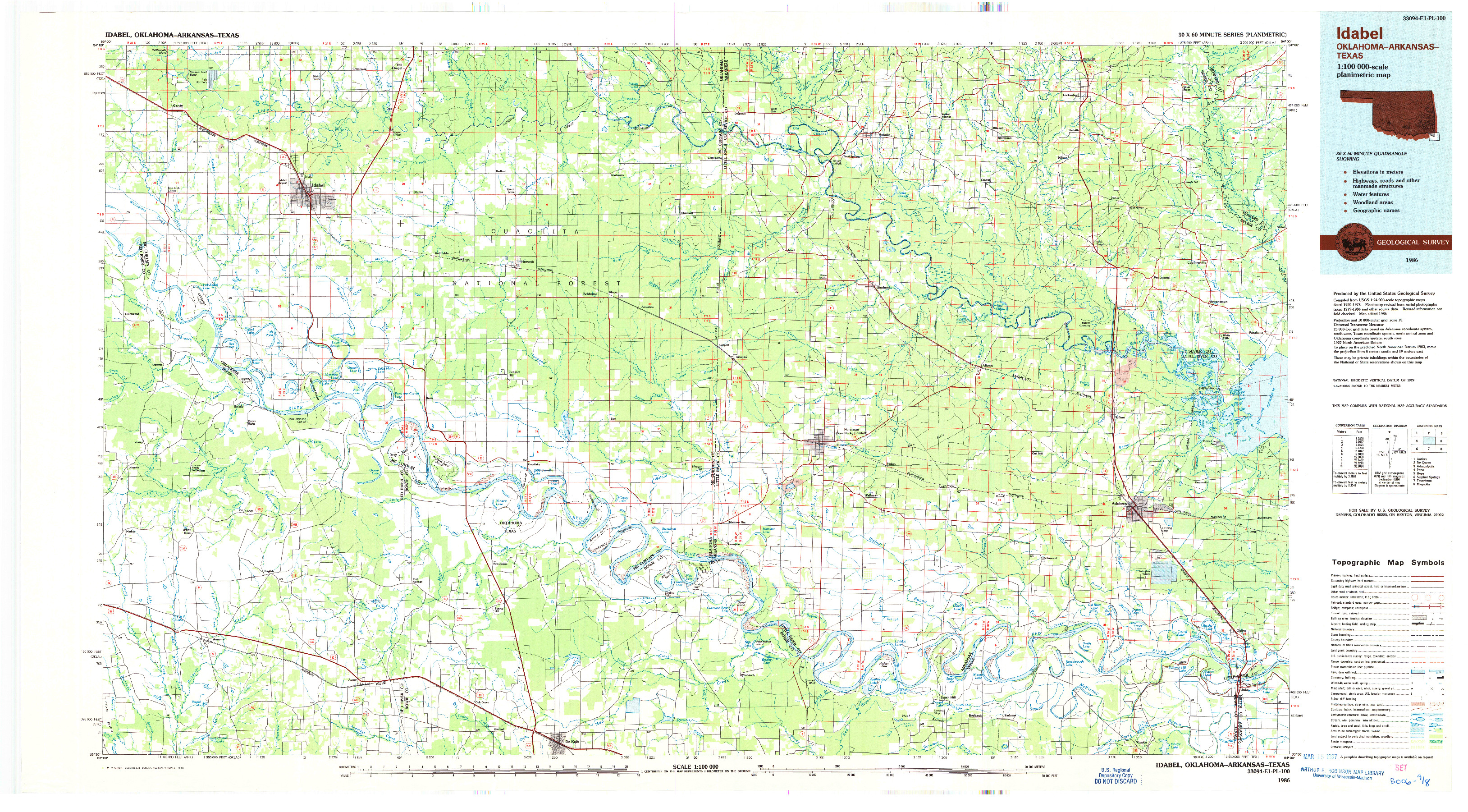 USGS 1:100000-SCALE QUADRANGLE FOR IDABEL, OK 1986