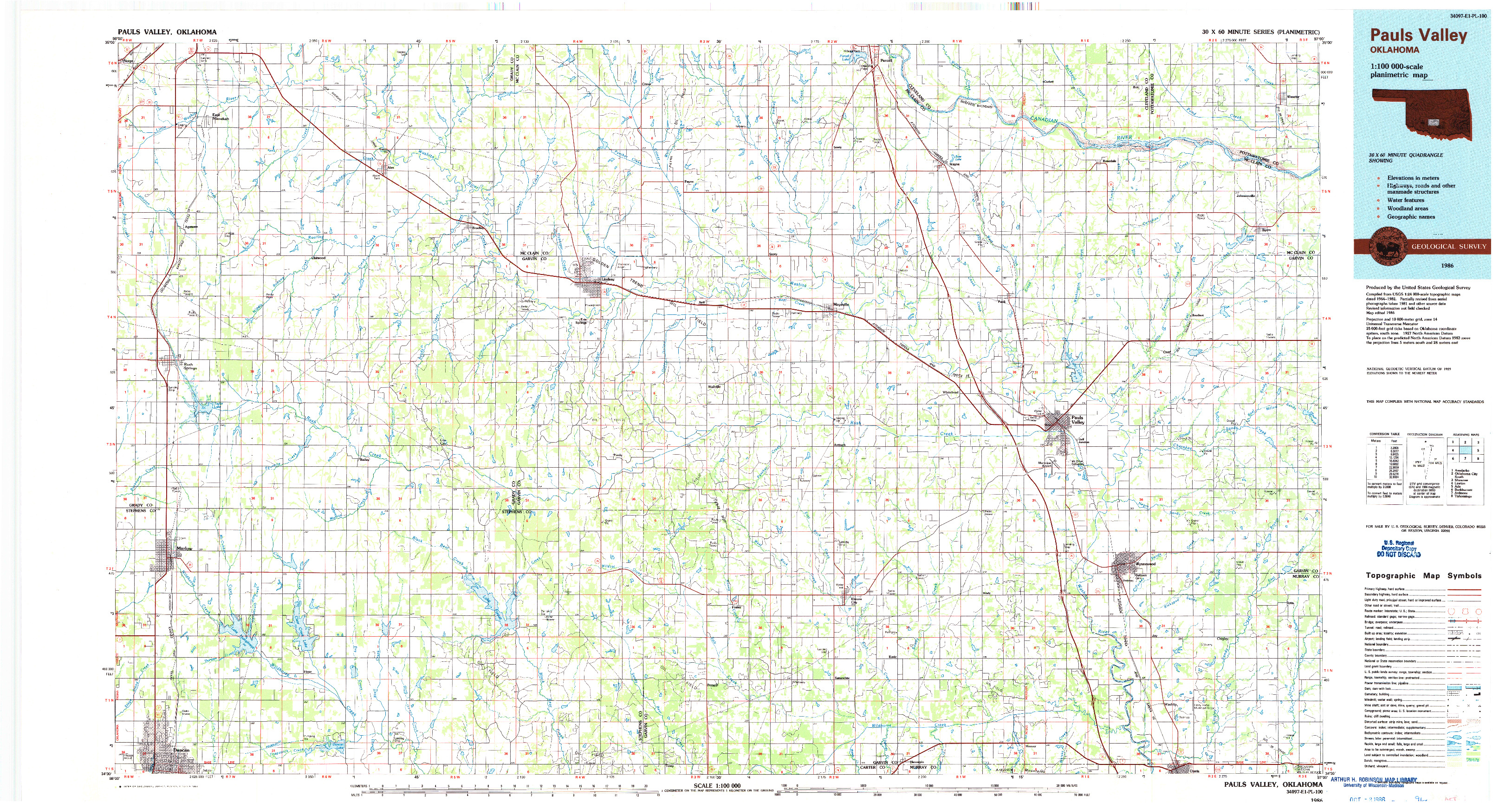 USGS 1:100000-SCALE QUADRANGLE FOR PAULS VALLEY, OK 1986