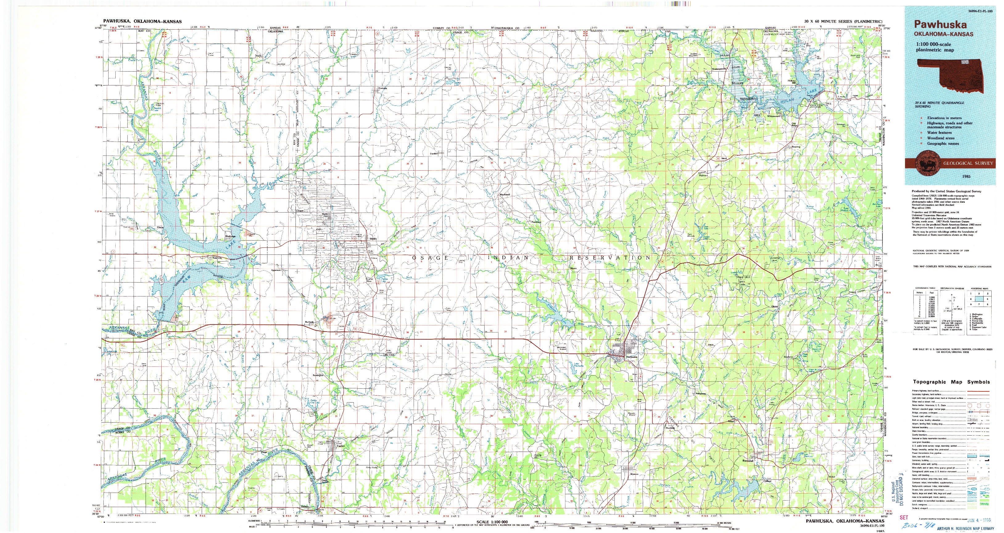 USGS 1:100000-SCALE QUADRANGLE FOR PAWHUSKA, OK 1985