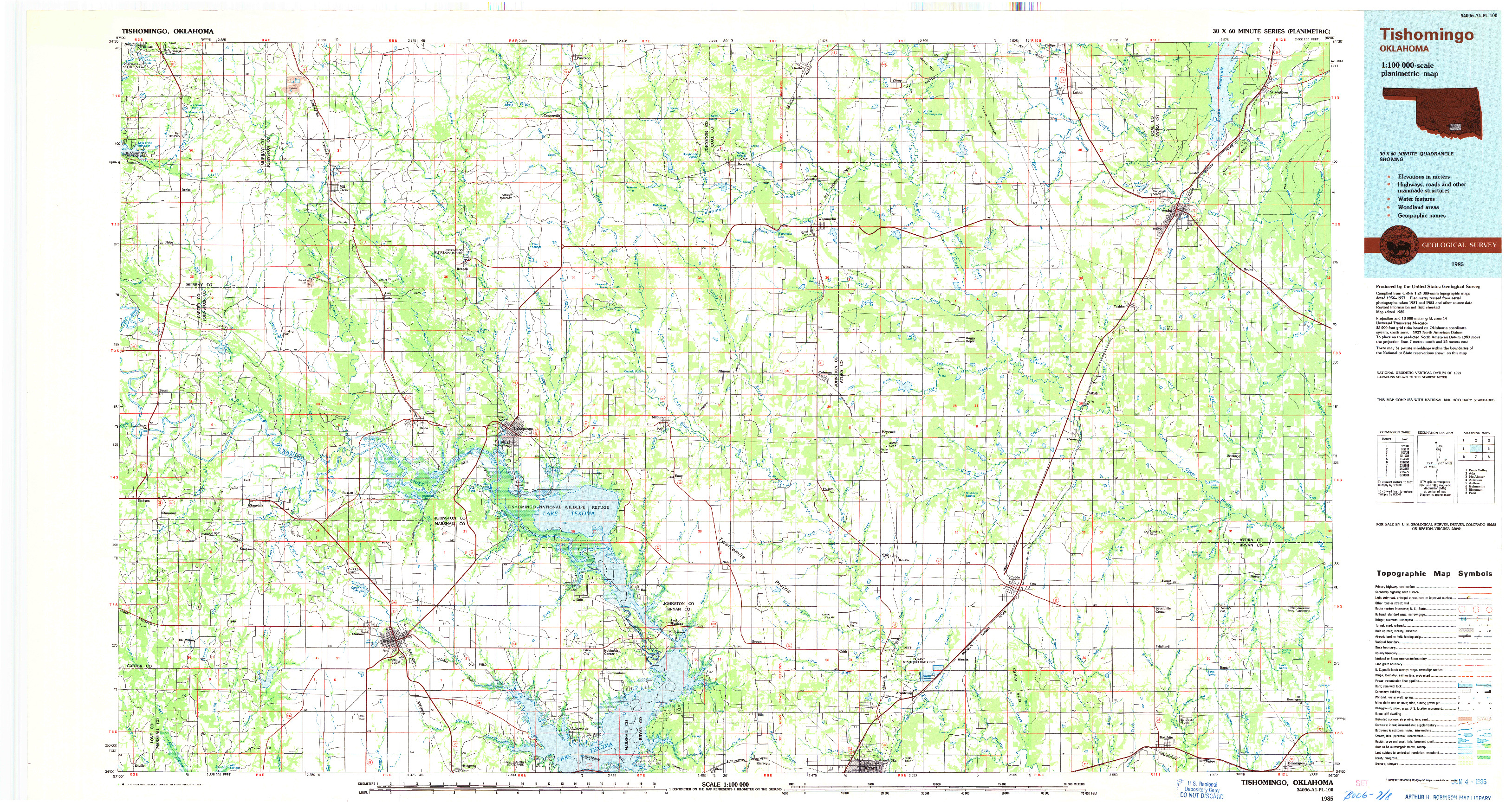 USGS 1:100000-SCALE QUADRANGLE FOR TISHOMINGO, OK 1985
