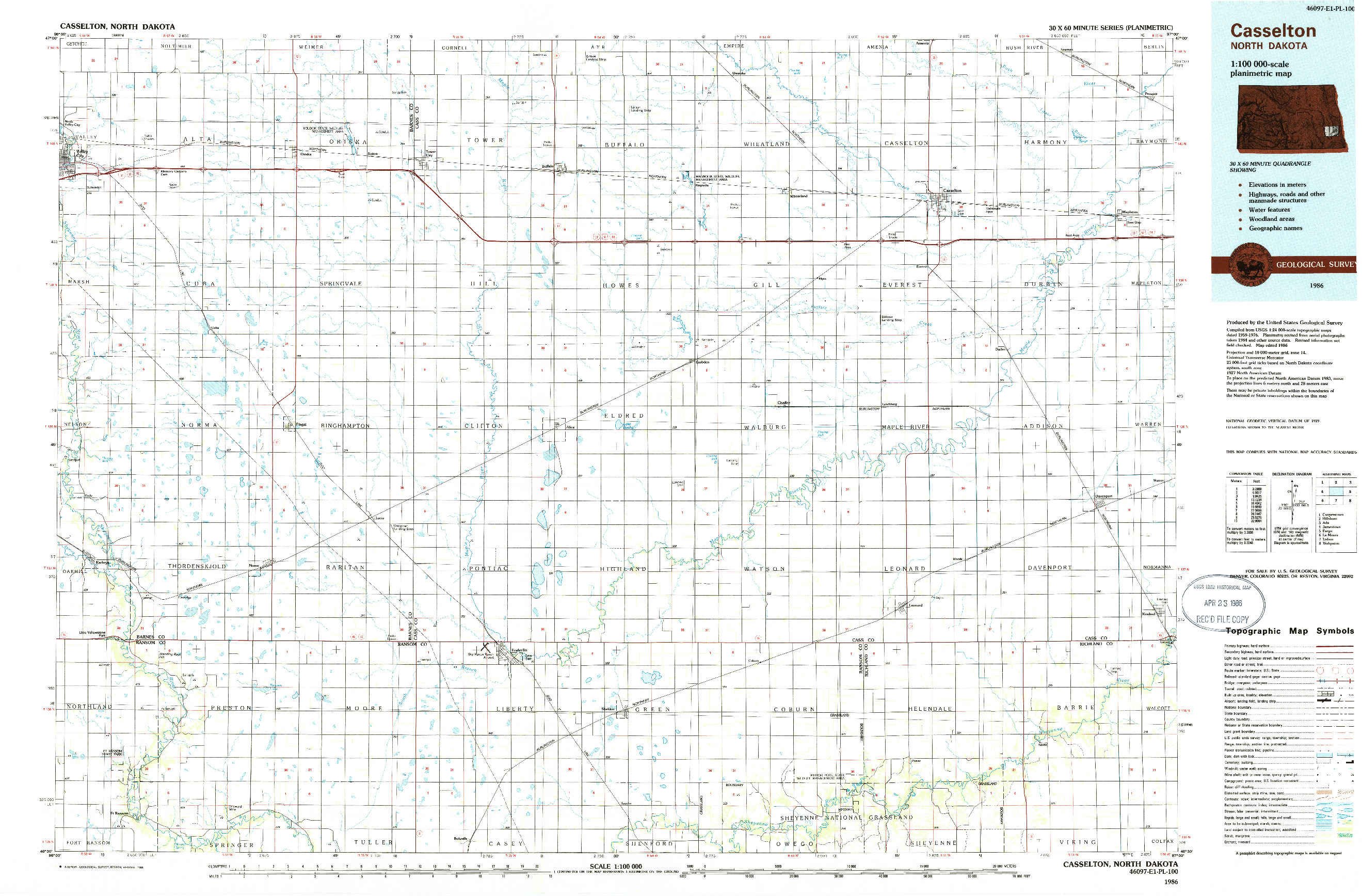 USGS 1:100000-SCALE QUADRANGLE FOR CASSELTON, ND 1986