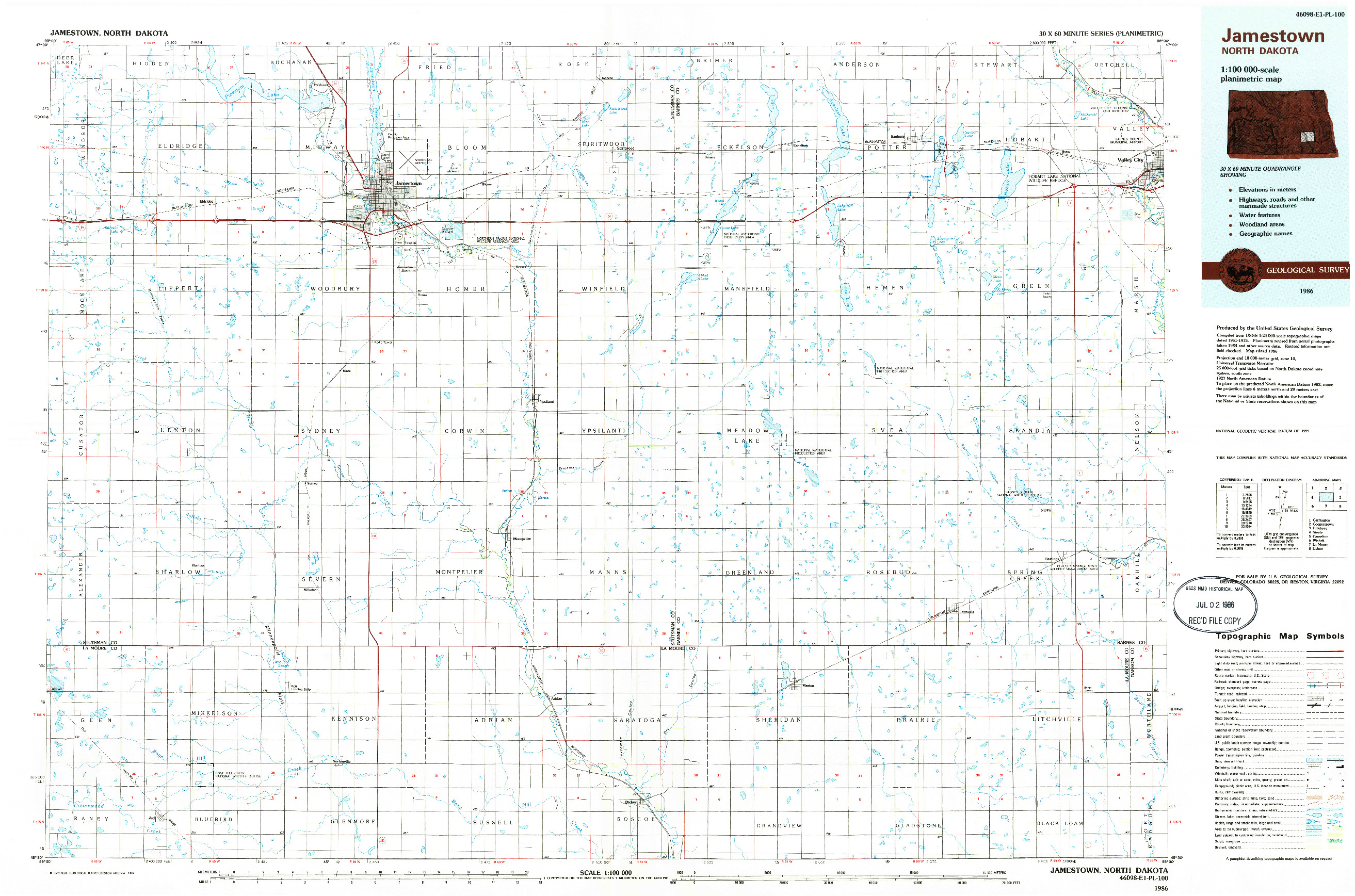 USGS 1:100000-SCALE QUADRANGLE FOR JAMESTOWN, ND 1986