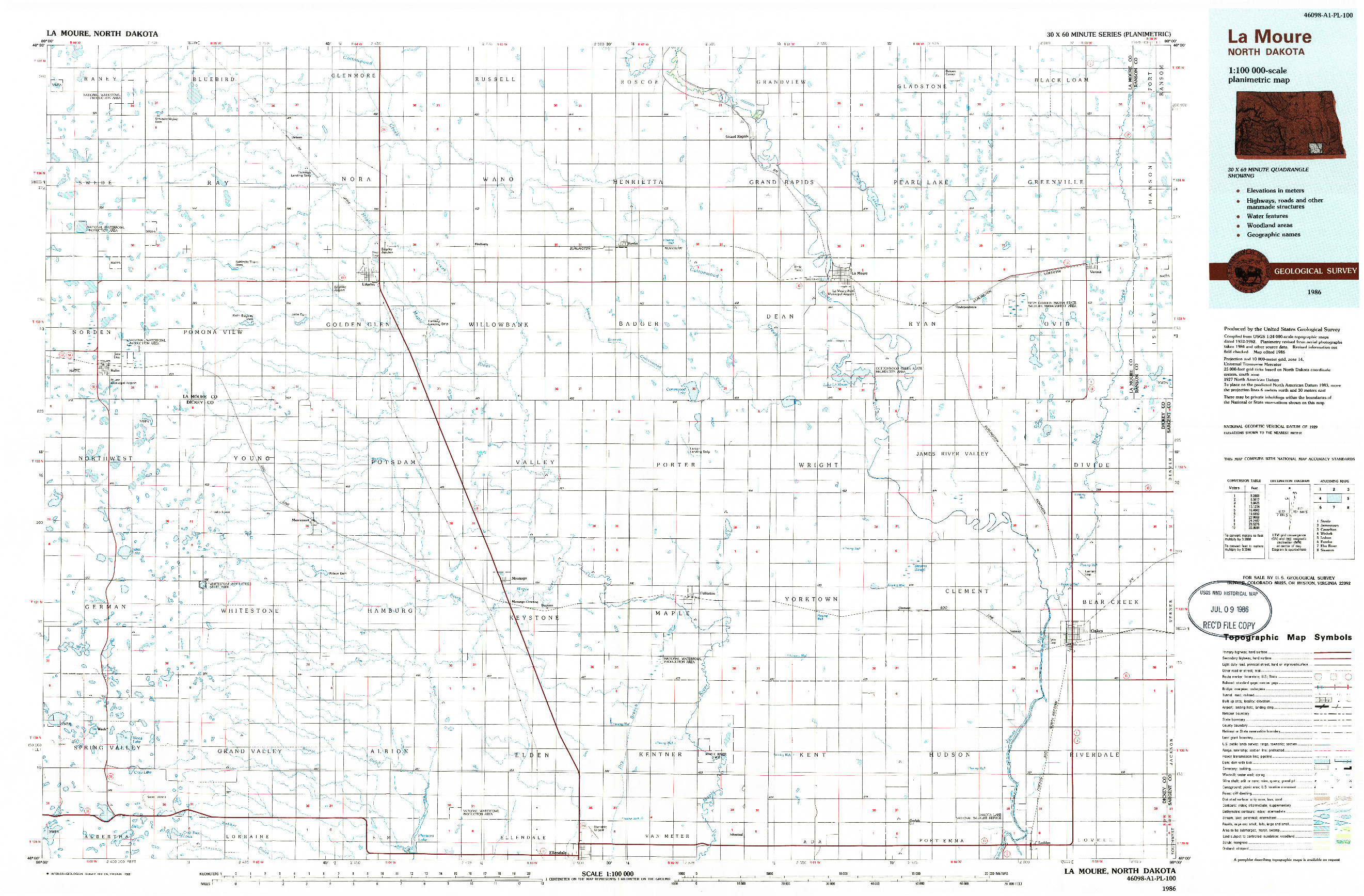 USGS 1:100000-SCALE QUADRANGLE FOR LA MOURE, ND 1986