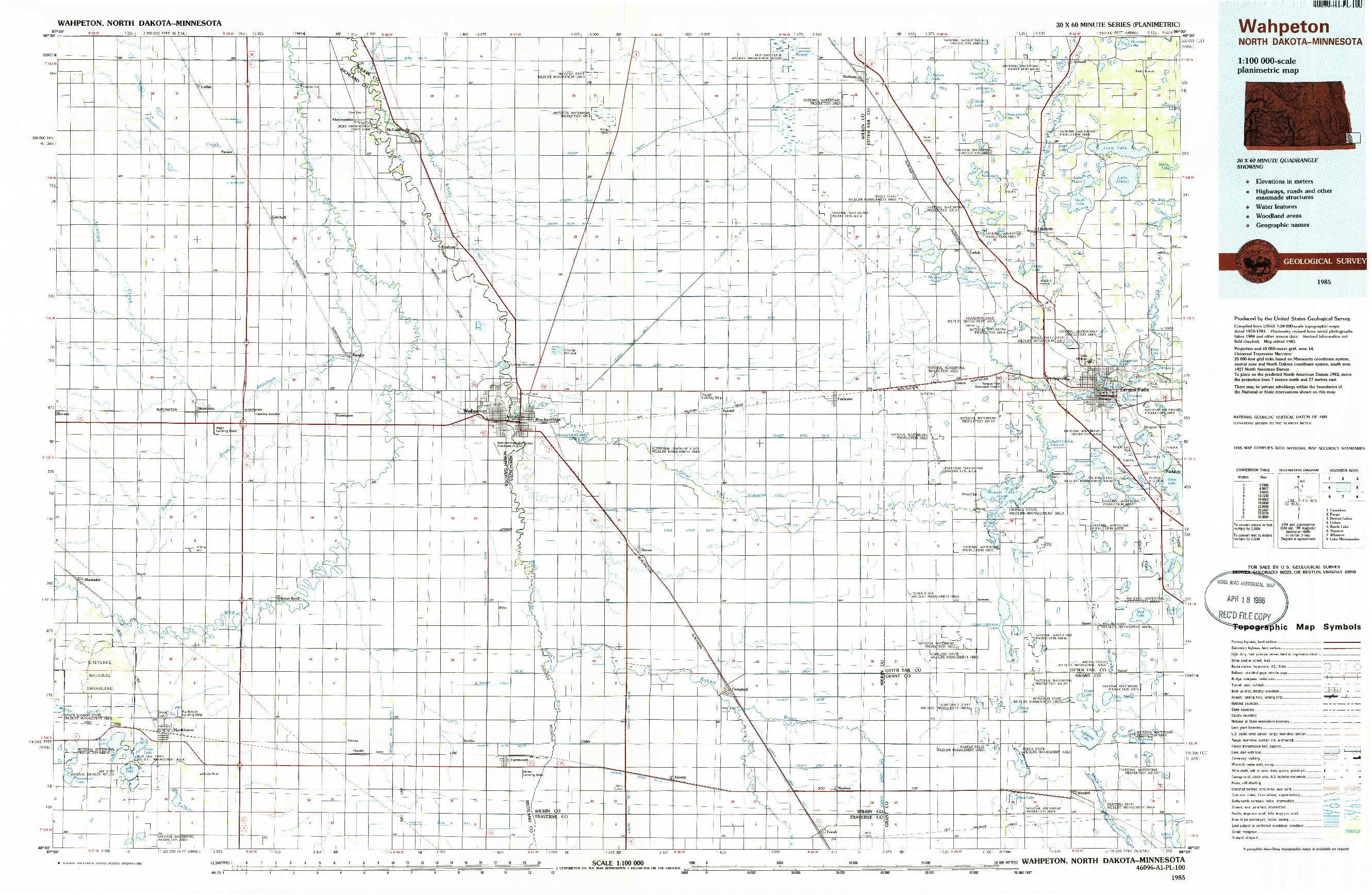 USGS 1:100000-SCALE QUADRANGLE FOR WAHPETON, ND 1985