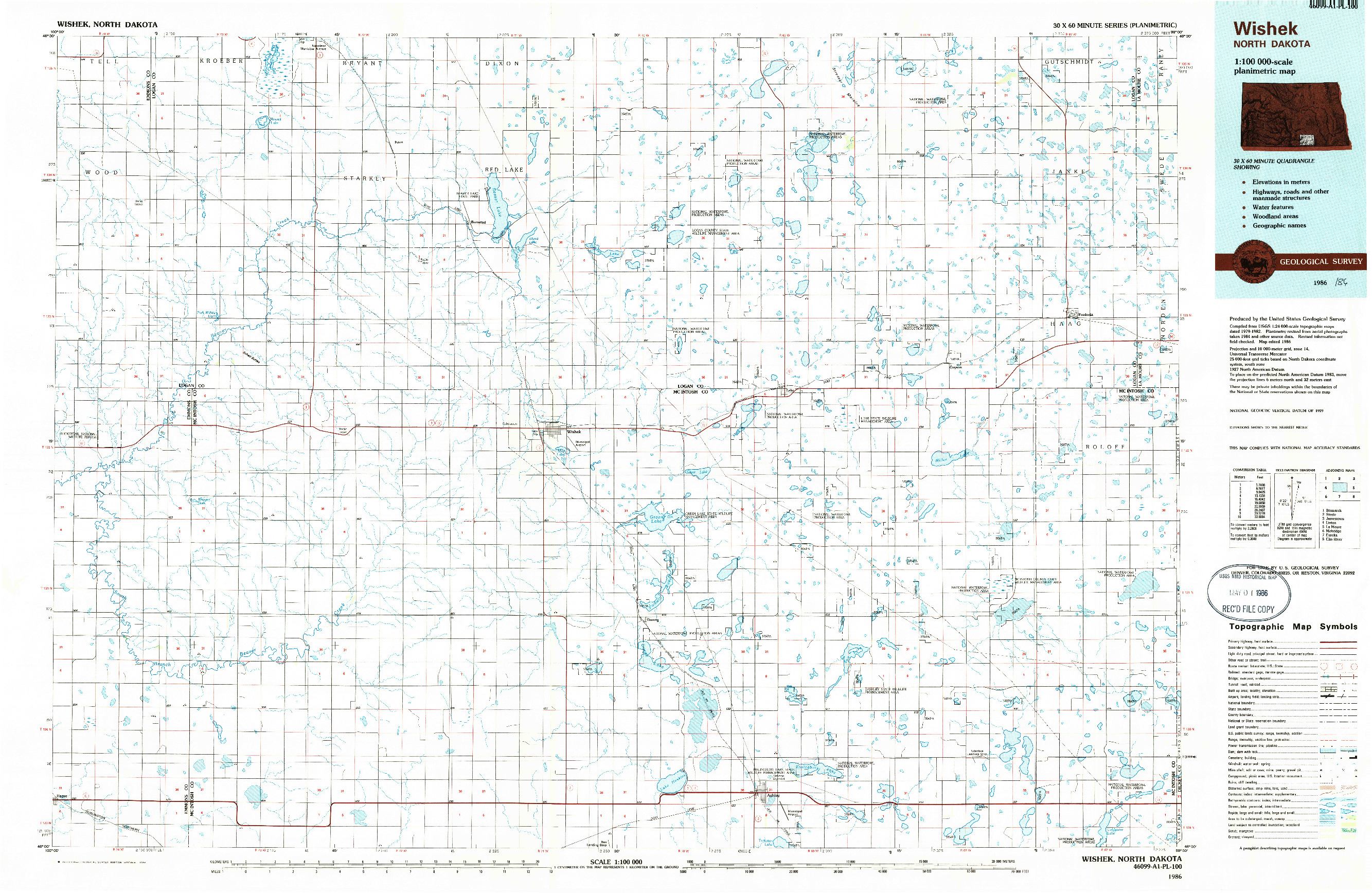 USGS 1:100000-SCALE QUADRANGLE FOR WISHEK, ND 1986