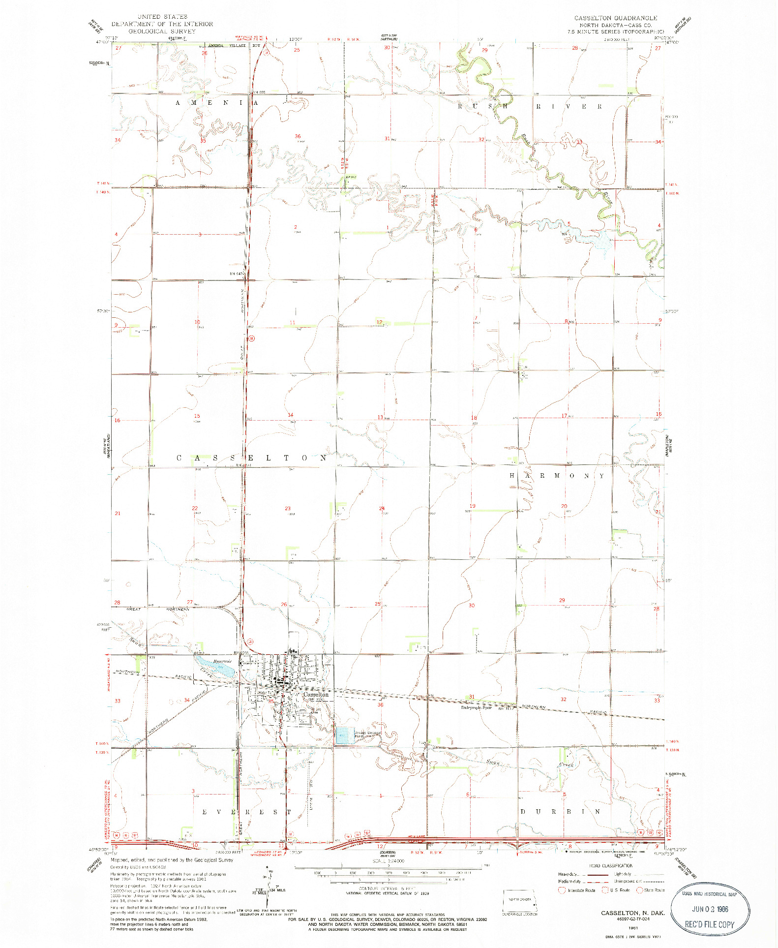 USGS 1:24000-SCALE QUADRANGLE FOR CASSELTON, ND 1961