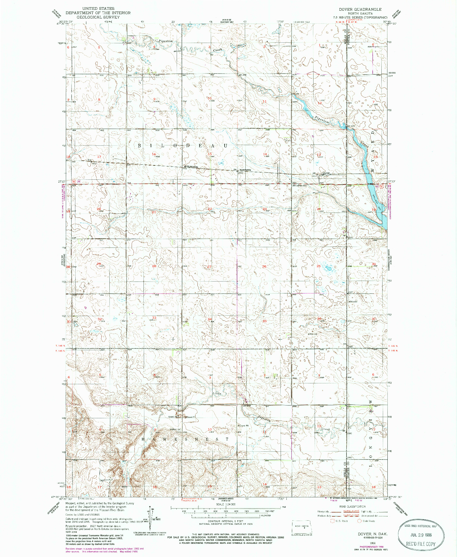 USGS 1:24000-SCALE QUADRANGLE FOR DOVER, ND 1951