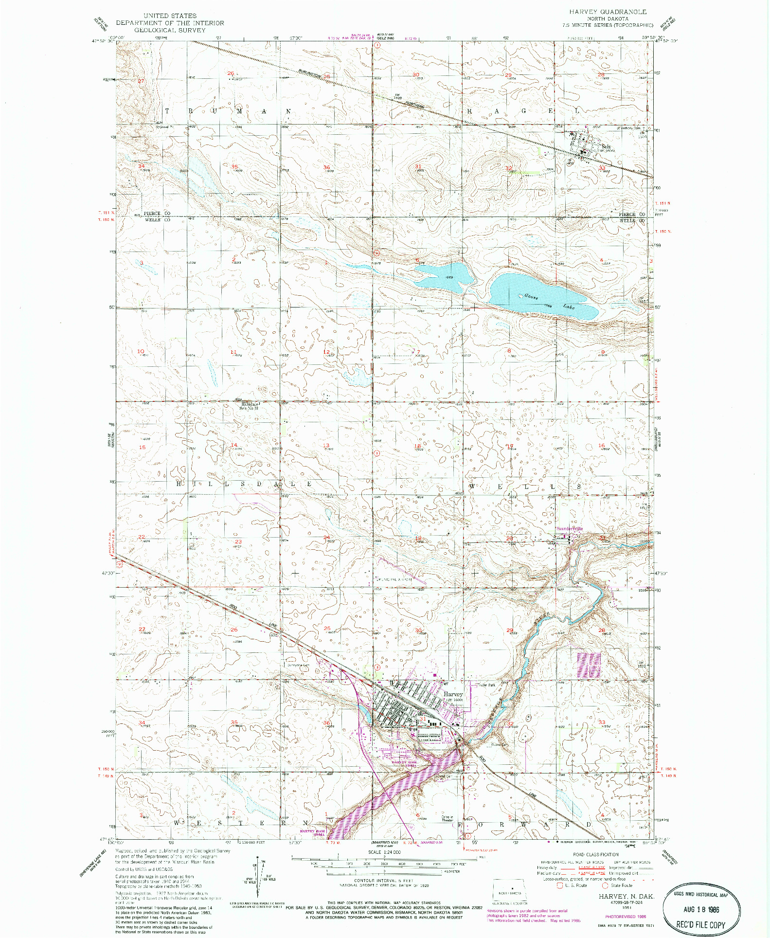 USGS 1:24000-SCALE QUADRANGLE FOR HARVEY, ND 1951