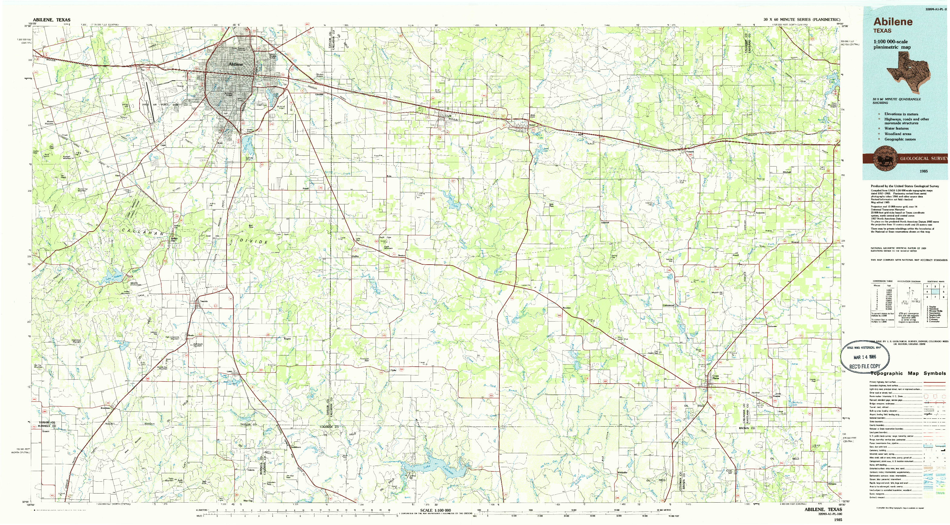 USGS 1:100000-SCALE QUADRANGLE FOR ABILENE, TX 1985