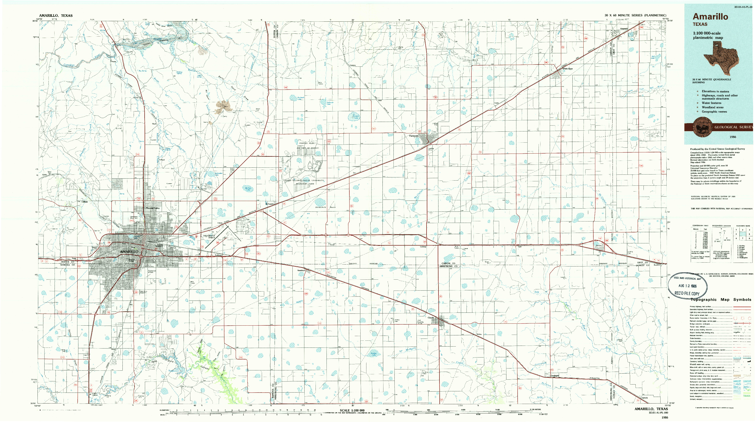 USGS 1:100000-SCALE QUADRANGLE FOR AMARILLO, TX 1986
