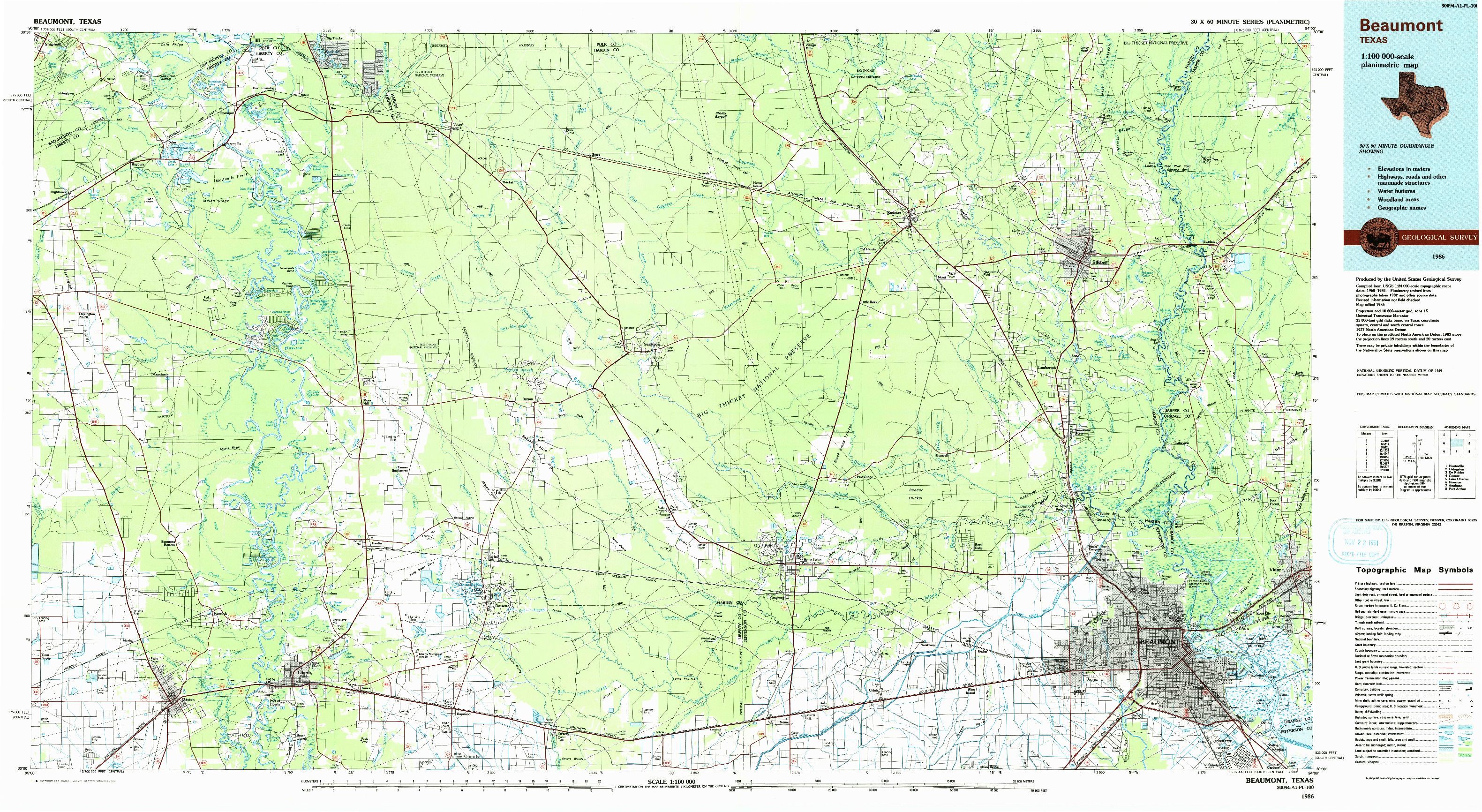 USGS 1:100000-SCALE QUADRANGLE FOR BEAUMONT, TX 1986