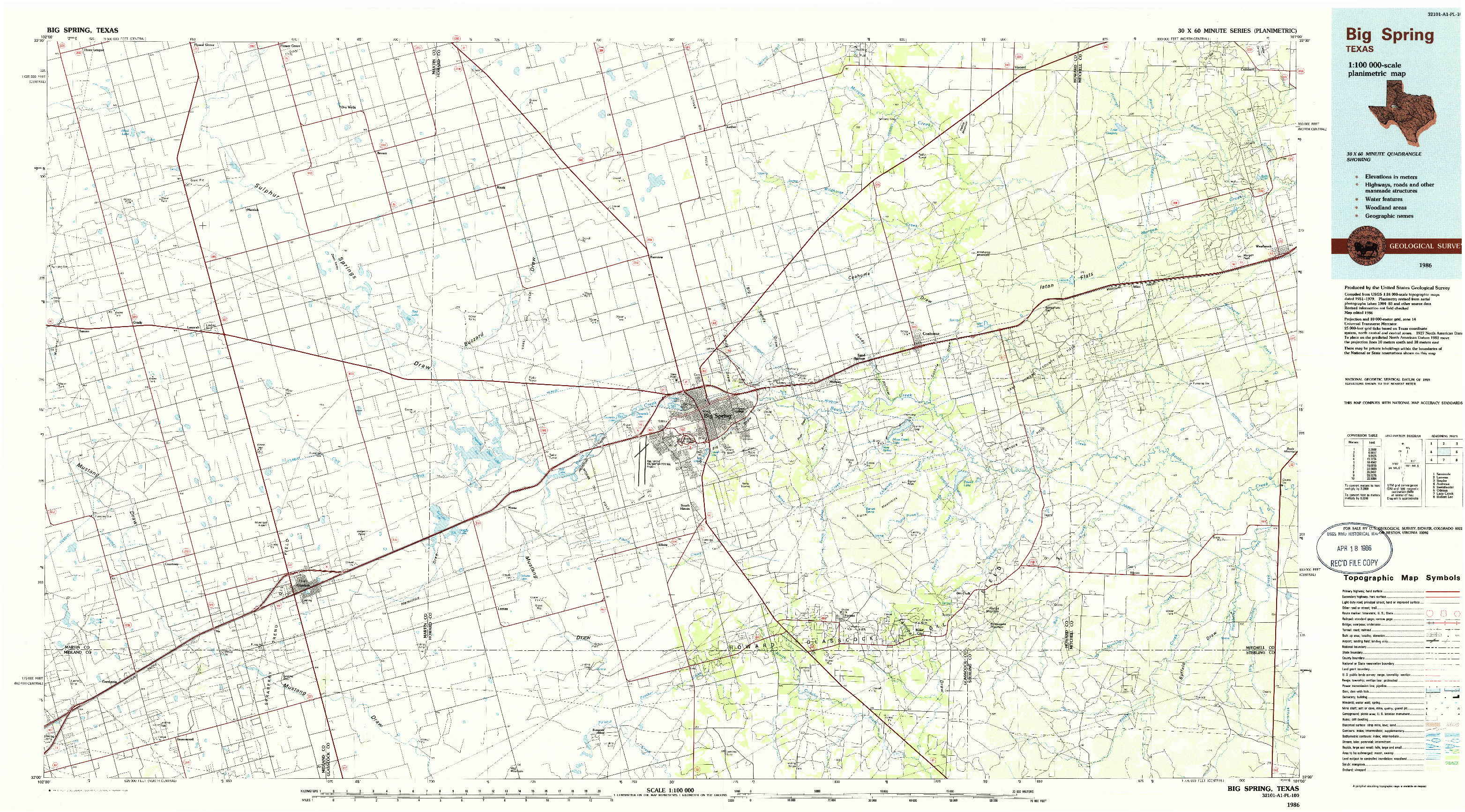 USGS 1:100000-SCALE QUADRANGLE FOR BIG SPRING, TX 1986