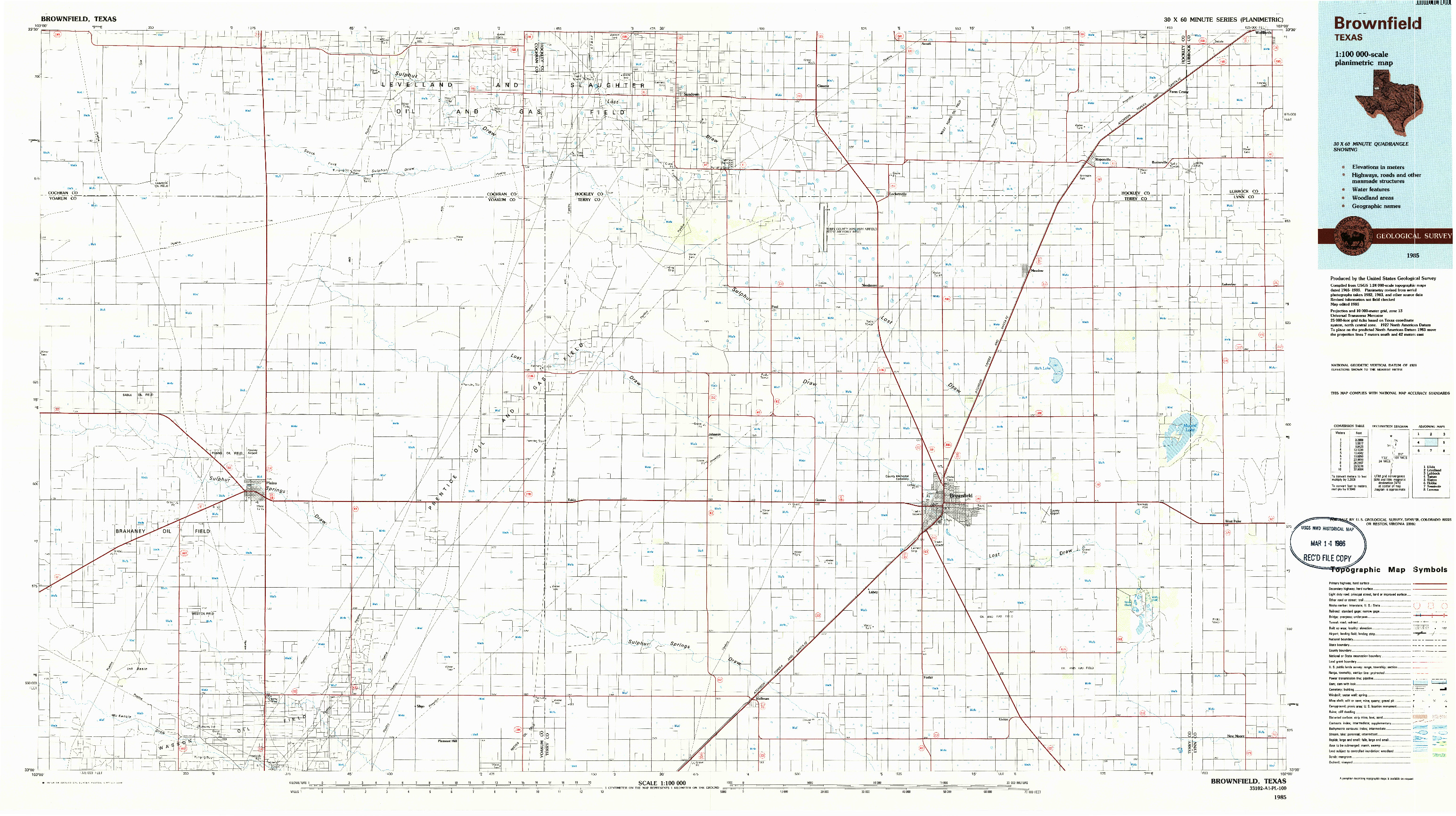 USGS 1:100000-SCALE QUADRANGLE FOR BROWNFIELD, TX 1985