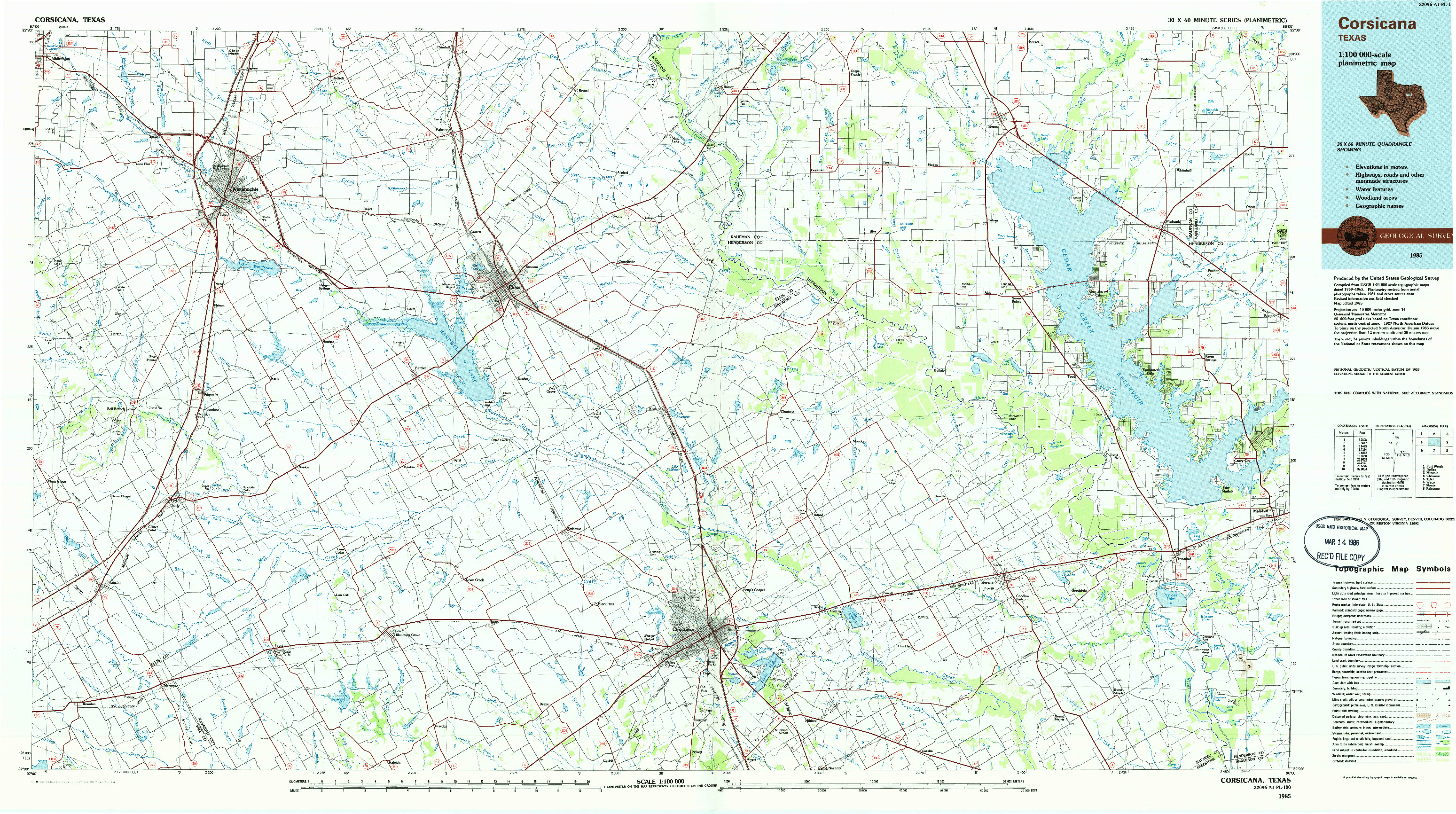 USGS 1:100000-SCALE QUADRANGLE FOR CORSICANA, TX 1985