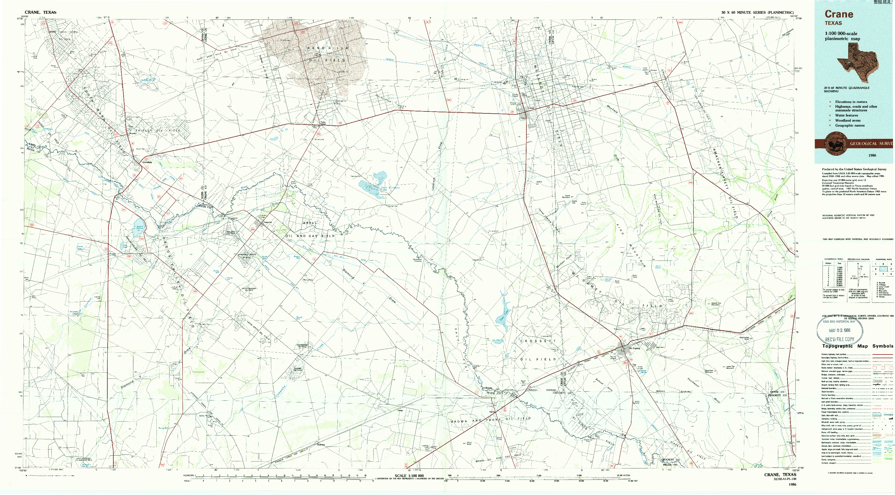 USGS 1:100000-SCALE QUADRANGLE FOR CRANE, TX 1986