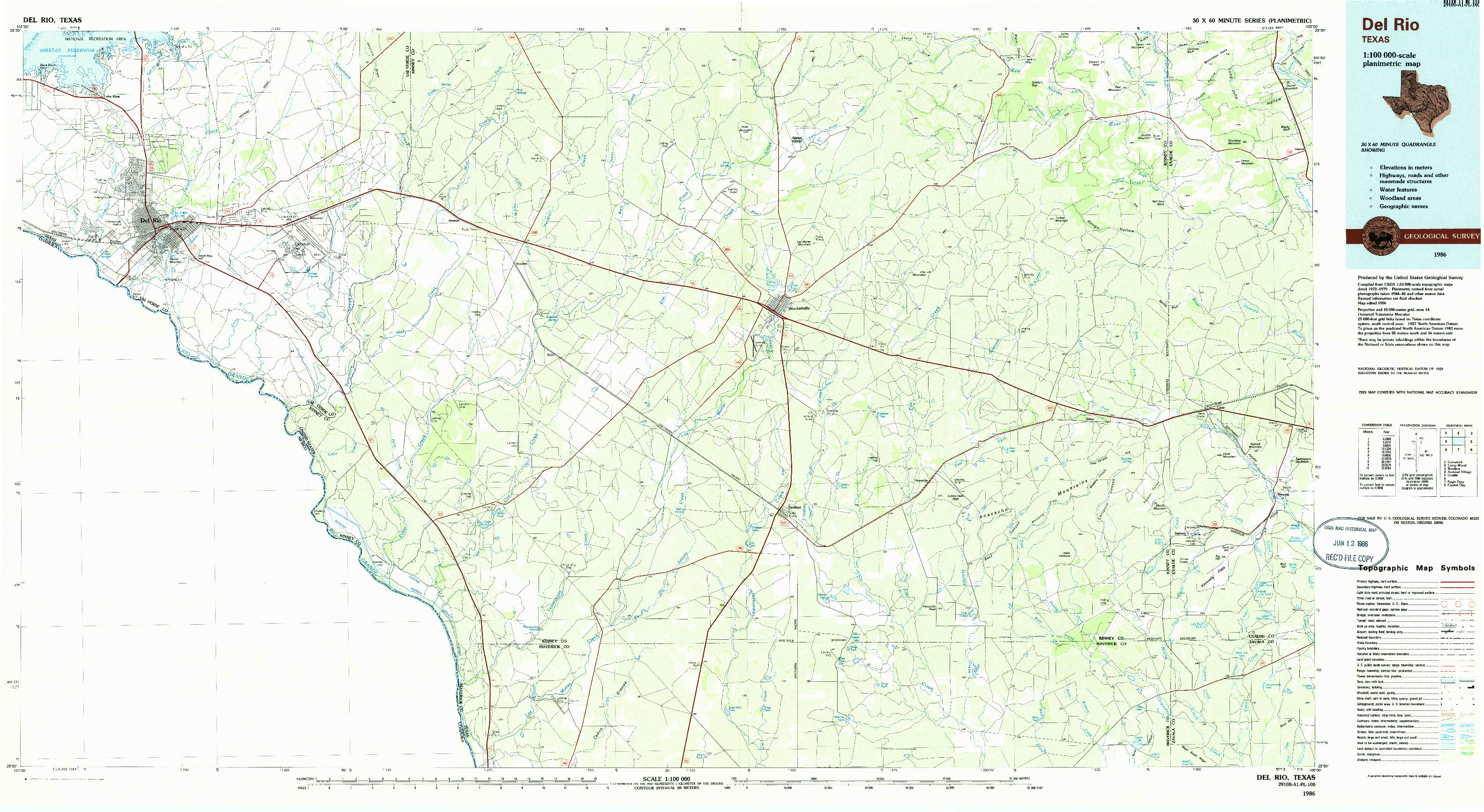 USGS 1:100000-SCALE QUADRANGLE FOR DEL RIO, TX 1986