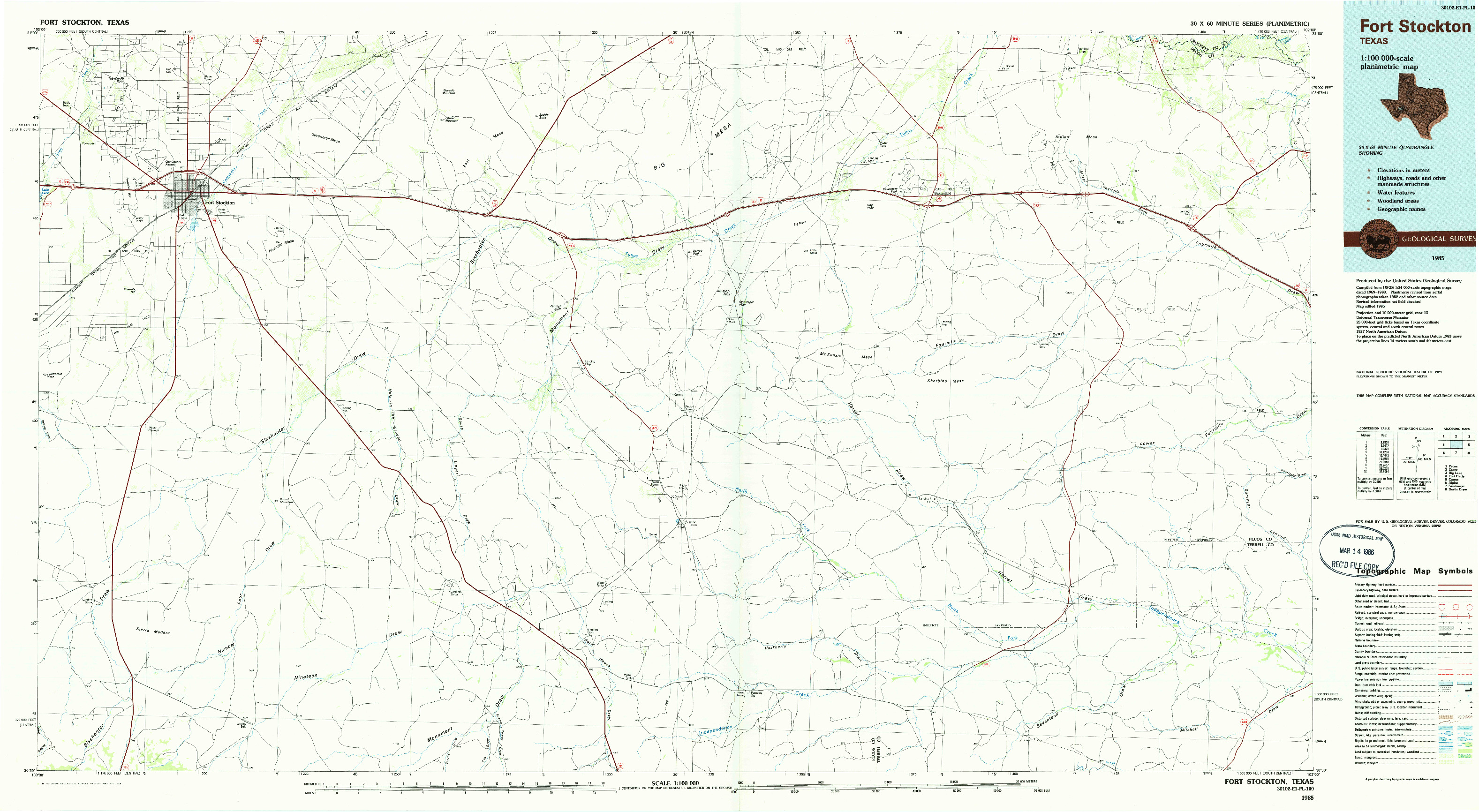 USGS 1:100000-SCALE QUADRANGLE FOR FORT STOCKTON, TX 1985