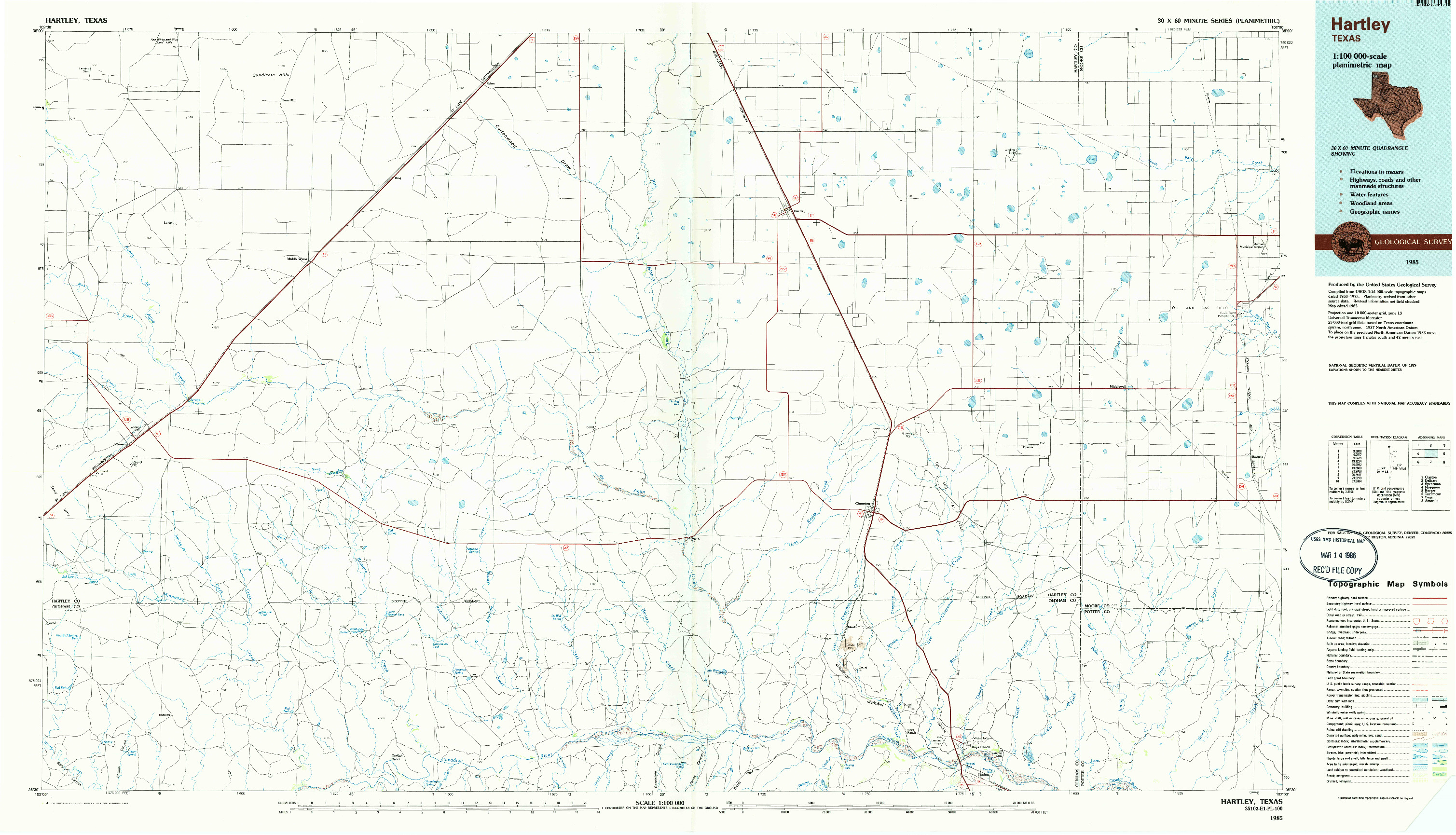 USGS 1:100000-SCALE QUADRANGLE FOR HARTLEY, TX 1985