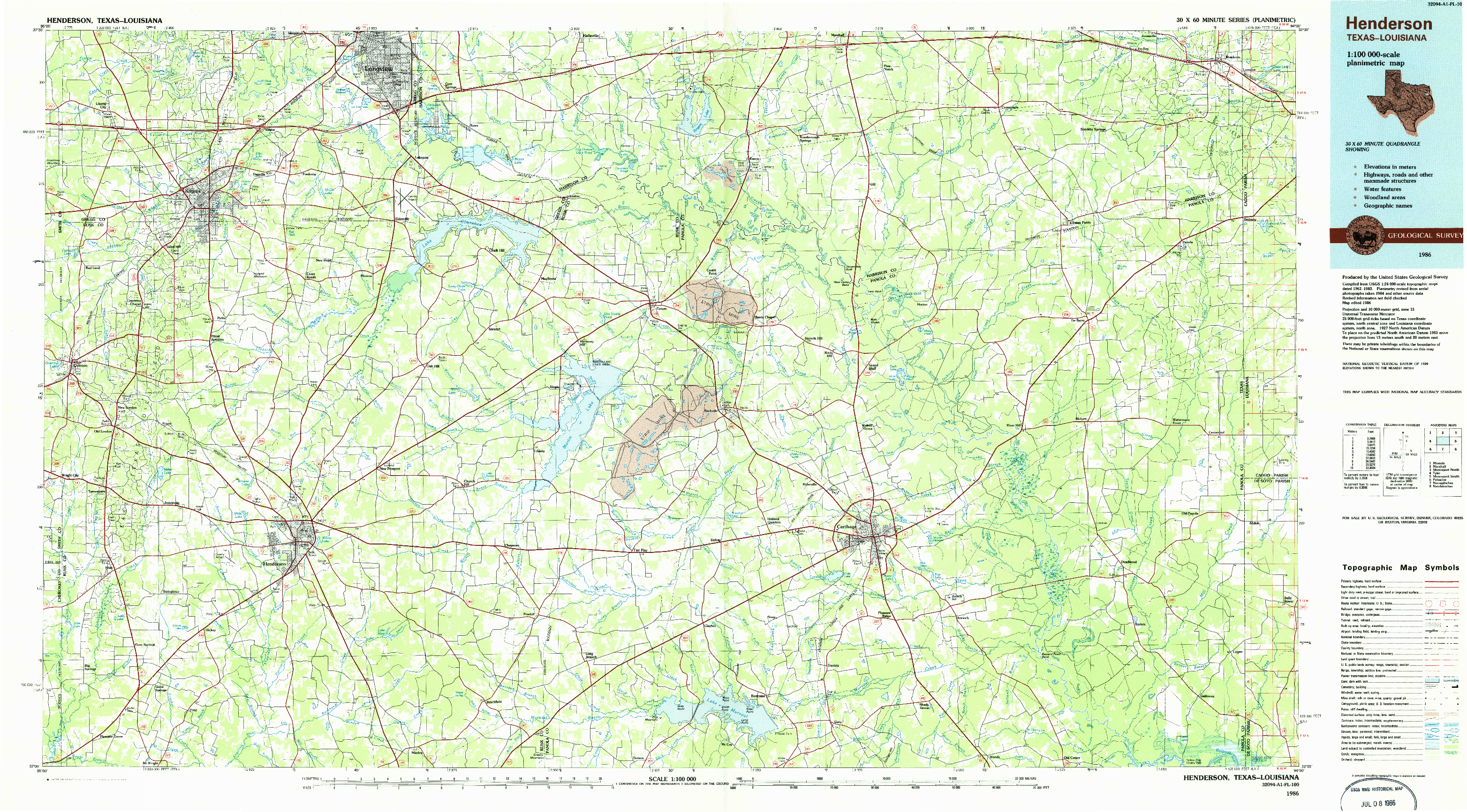 USGS 1:100000-SCALE QUADRANGLE FOR HENDERSON, TX 1986