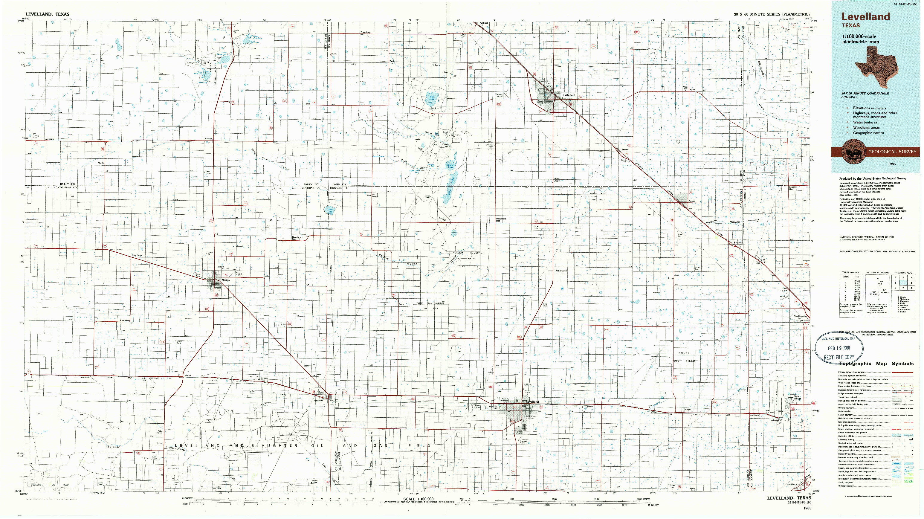 USGS 1:100000-SCALE QUADRANGLE FOR LEVELLAND, TX 1985