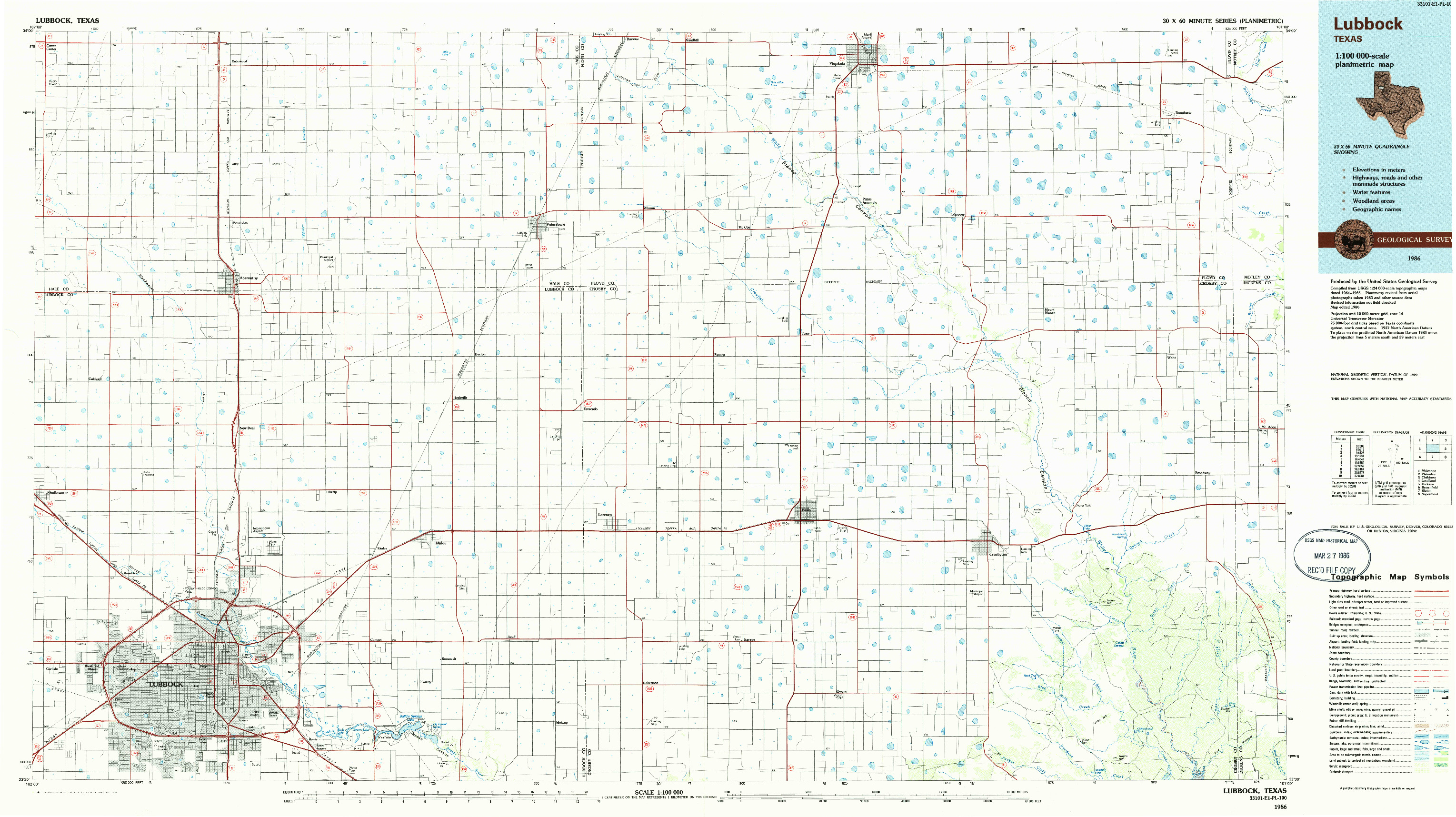 USGS 1:100000-SCALE QUADRANGLE FOR LUBBOCK, TX 1986