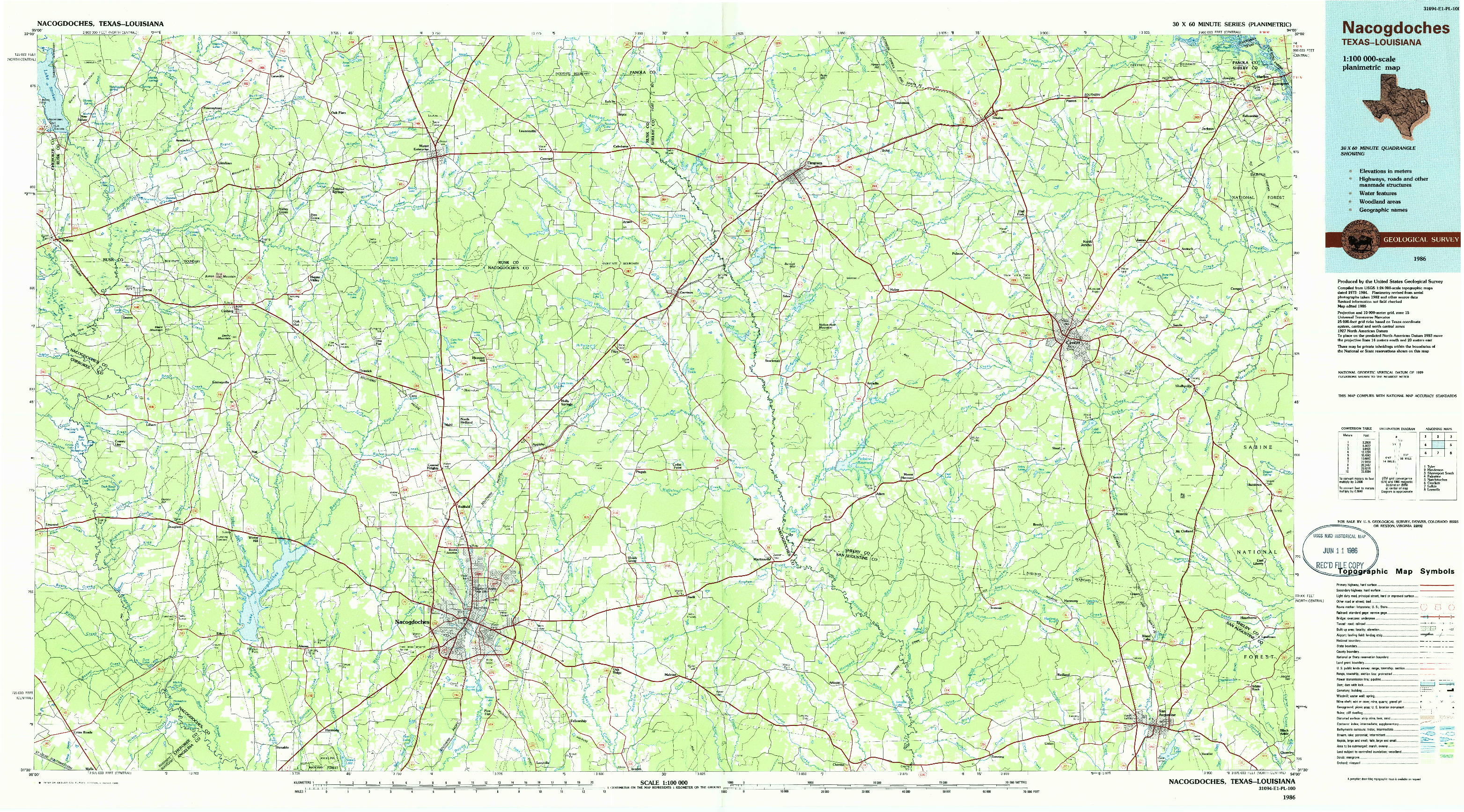 USGS 1:100000-SCALE QUADRANGLE FOR NACOGDOCHES, TX 1986