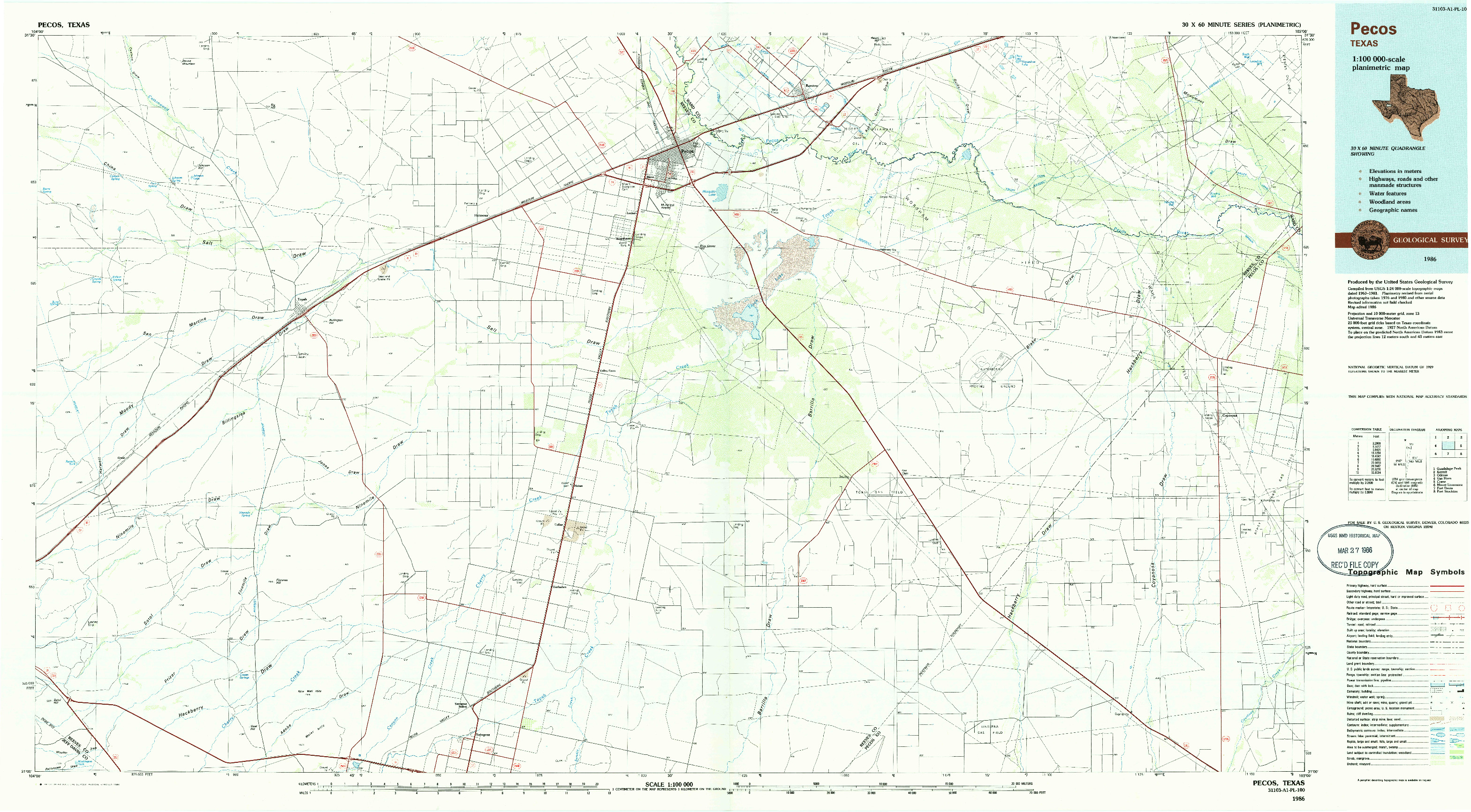 USGS 1:100000-SCALE QUADRANGLE FOR PECOS, TX 1986