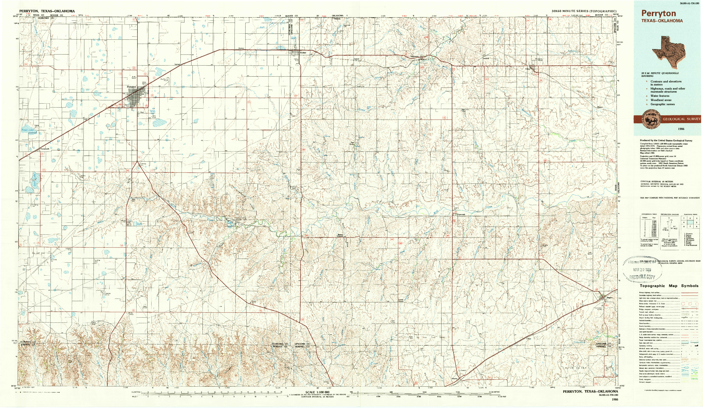 USGS 1:100000-SCALE QUADRANGLE FOR PERRYTON, TX 1986