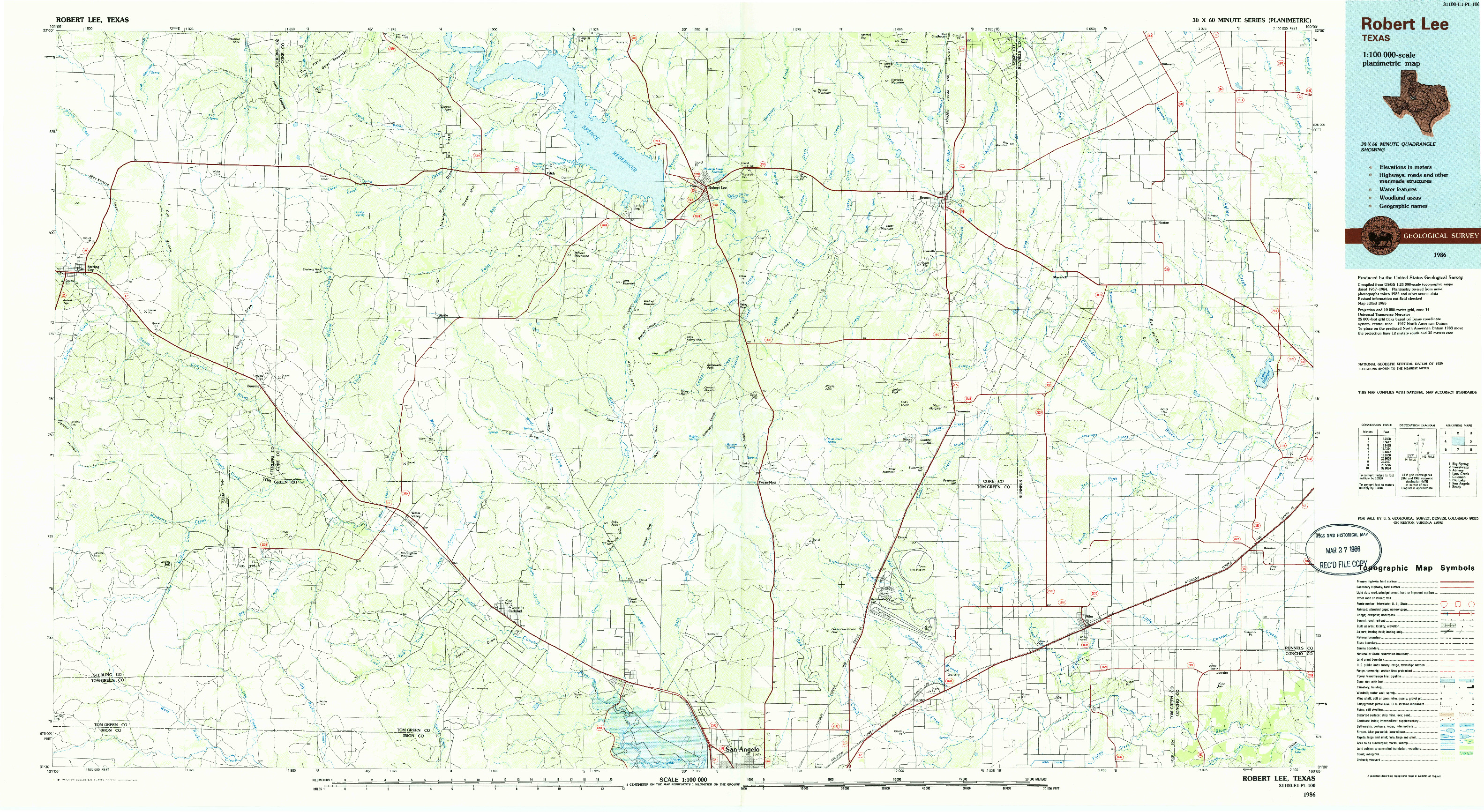 USGS 1:100000-SCALE QUADRANGLE FOR ROBERT LEE, TX 1986