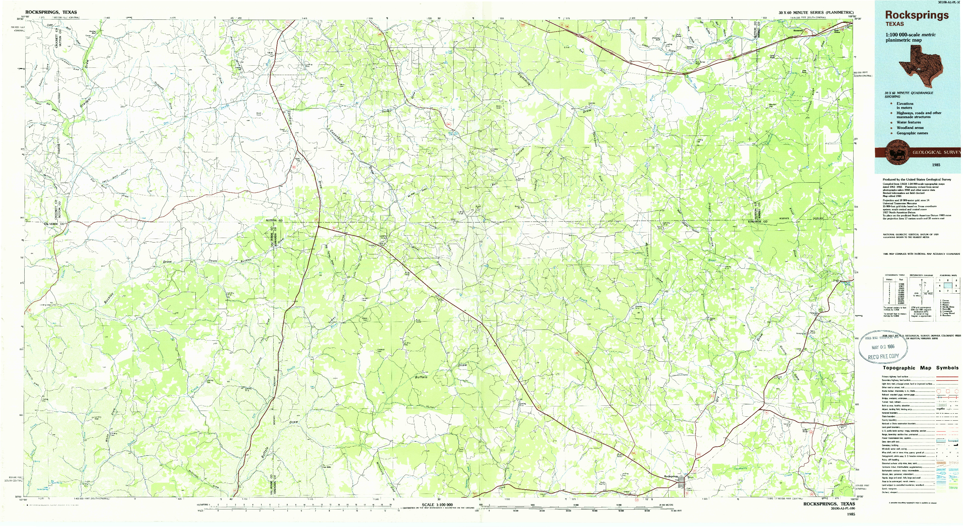 USGS 1:100000-SCALE QUADRANGLE FOR ROCKSPRINGS, TX 1985